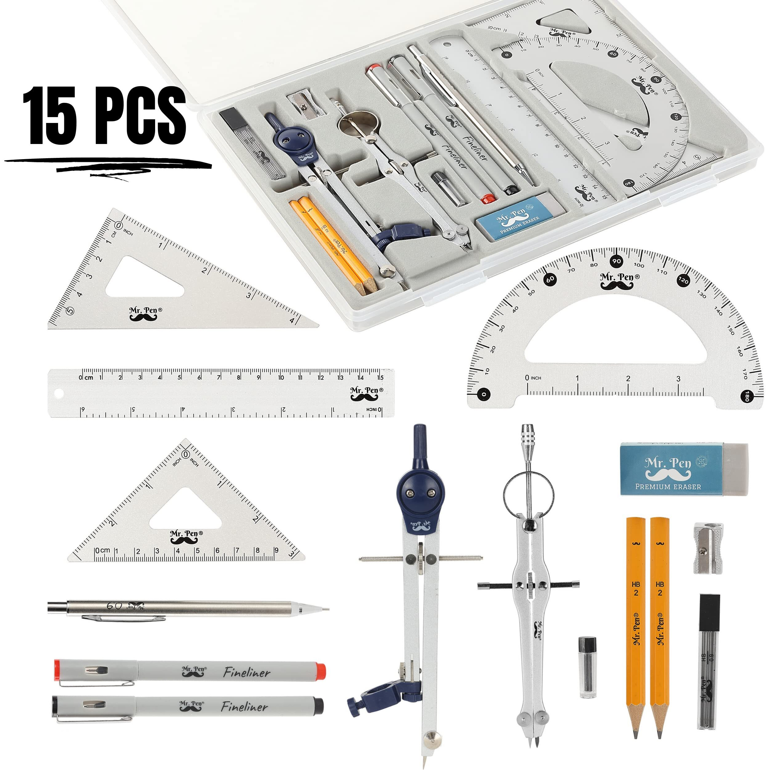 Mr. Pen- Professional Geometry Set  15 Pcs  Geometry Kit For Artists And Students  Geometry Set  Metal Rulers And Compasses  Drawing Tools  Drafting Supplies  Drafting Set  Drafting Tools And Kits