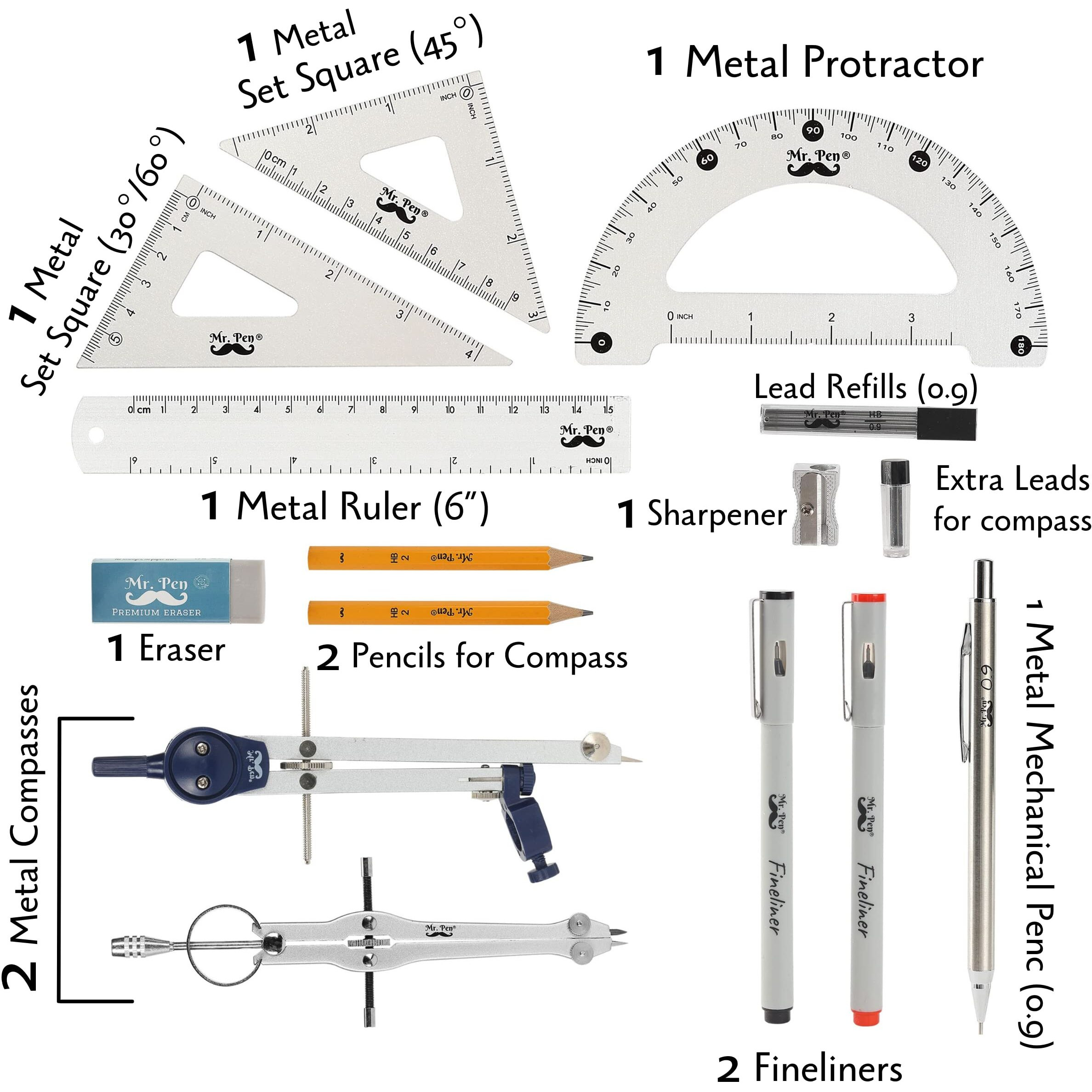 Mr. Pen- Professional Geometry Set  15 Pcs  Geometry Kit For Artists And Students  Geometry Set  Metal Rulers And Compasses  Drawing Tools  Drafting Supplies  Drafting Set  Drafting Tools And Kits
