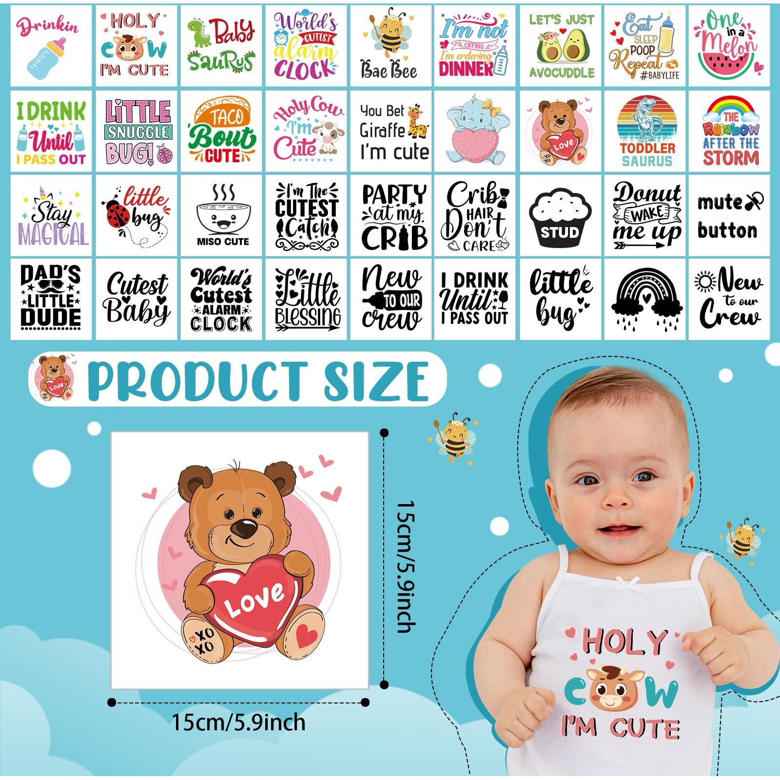Teling 36 Pcs Iron On Decals Baby Shower Games Iron On Transfers Stickers Patches Baby Bodysuit Making Bibs Decorating Kit Patch Maker For Gender Reveal T Shirt(Cute)