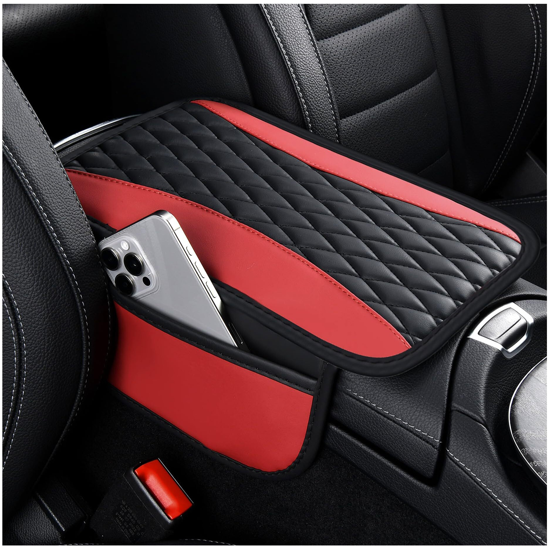 Ihotder Patchwork Leather Center Console Covers For Cars Upgraded Arm Rest Cover For Car With Side Storage Pocket For Car Seat Organizer Middle Console Cover Stylish Car Decoration (Red)