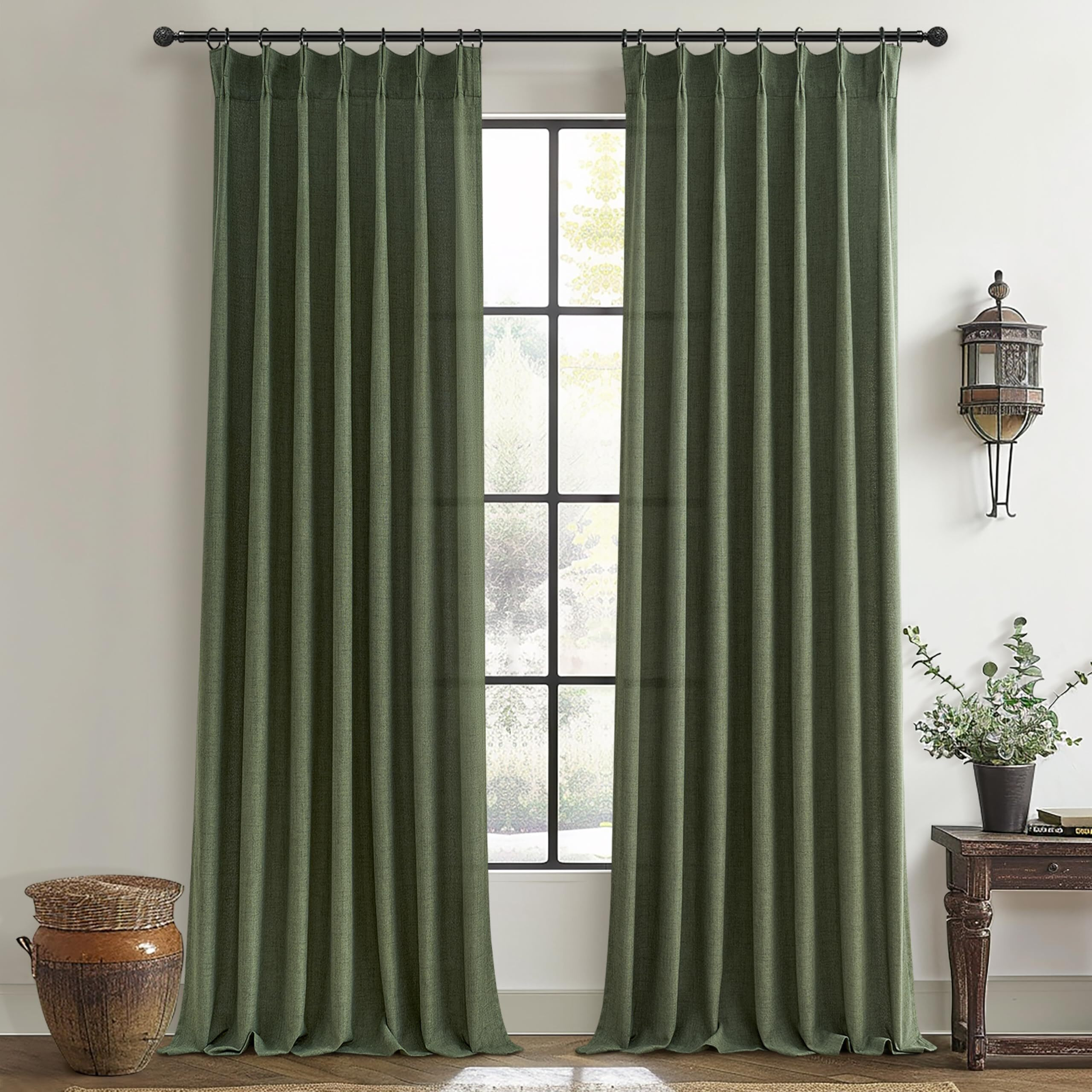 Olive Green Linen Curtains 96 Inches Long 2 Panels Set  Modern Aesthetic Pinch Pleated Dark Academia Living Room Light Filtering Sheer Ceiling Track Curtains With Hooks Decor Drapes For Bedroom Window