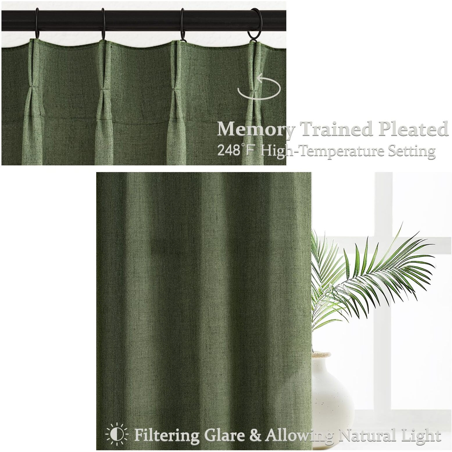 Olive Green Linen Curtains 96 Inches Long 2 Panels Set  Modern Aesthetic Pinch Pleated Dark Academia Living Room Light Filtering Sheer Ceiling Track Curtains With Hooks Decor Drapes For Bedroom Window