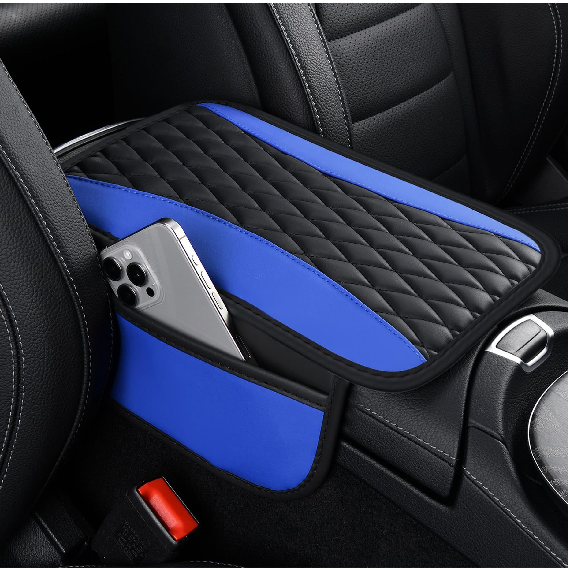 Ihotder Patchwork Leather Center Console Covers For Cars Upgraded Arm Rest Cover For Car With Side Storage Pocket For Car Seat Organizer Middle Console Cover Stylish Car Decoration (Blue)