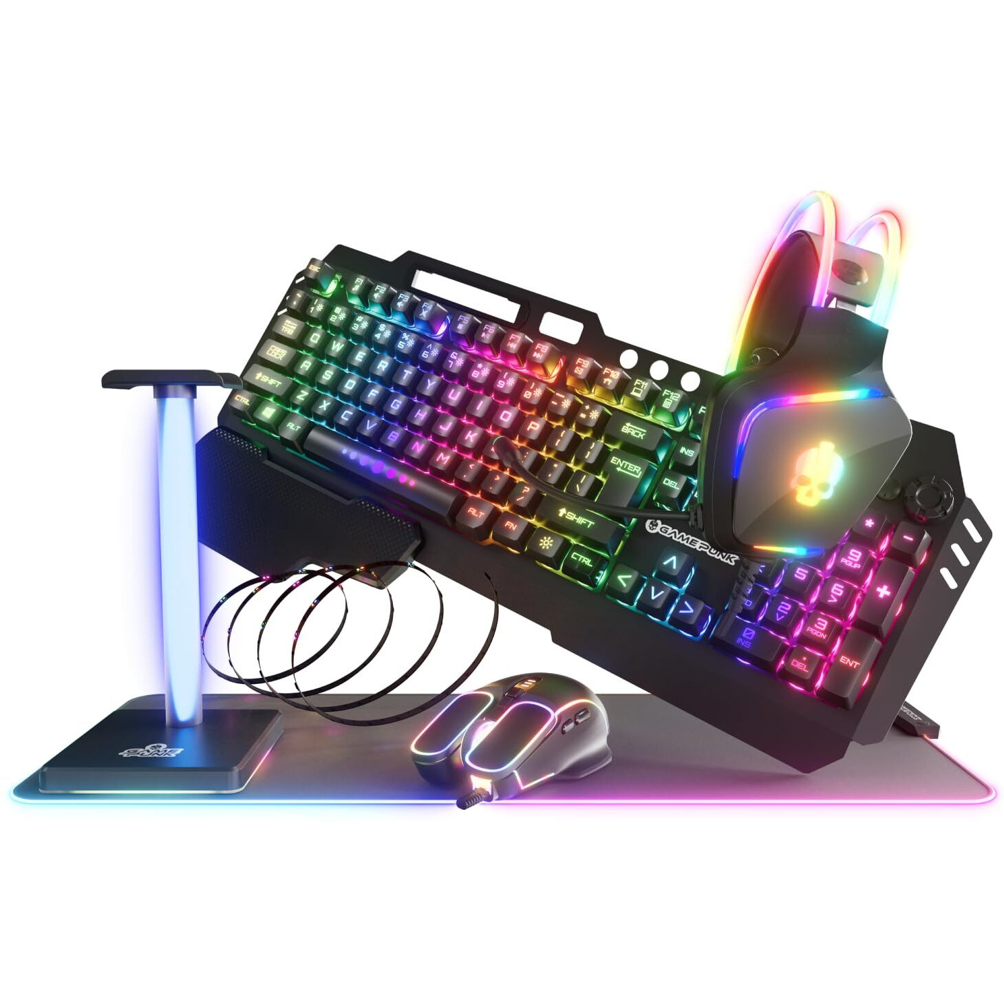 Game Punk Codebreakers Pc Gaming Bundle - Includes Keyboard  Mouse  Headset  Led Xl Mouse Pad  Headphone Stand  Rgb Light Strip - 6 In 1 Gaming Accessories Bundle