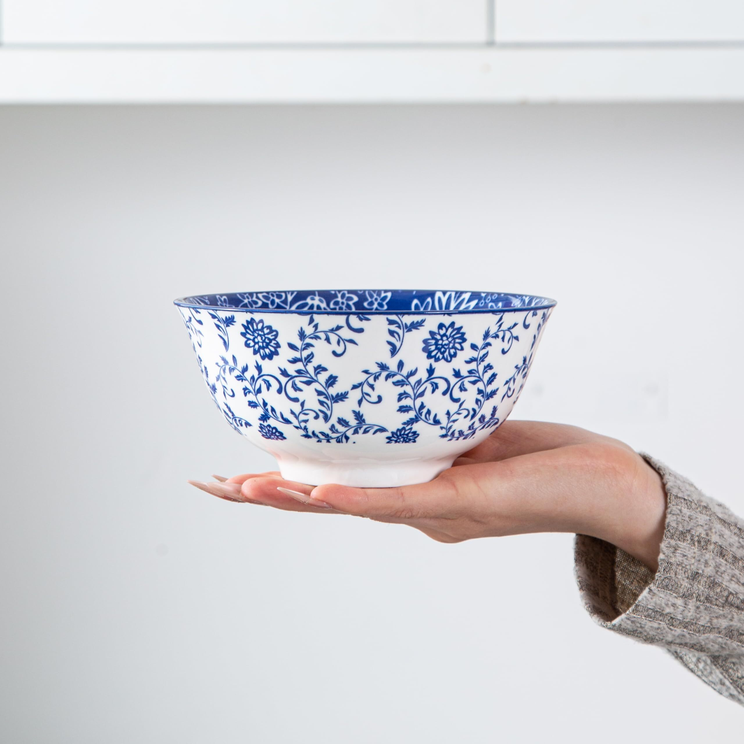 Cerkik Ceramic Soup Bowls Set - 24 Oz Deep Cereal Bowl For Kitchen - 6 Inch Large Porcelain Dinner Bowl Eating Salad Pasta Dessert Oatmeal - Microwave Dishwasher Safe - Set Of 6 - Vintage Blue