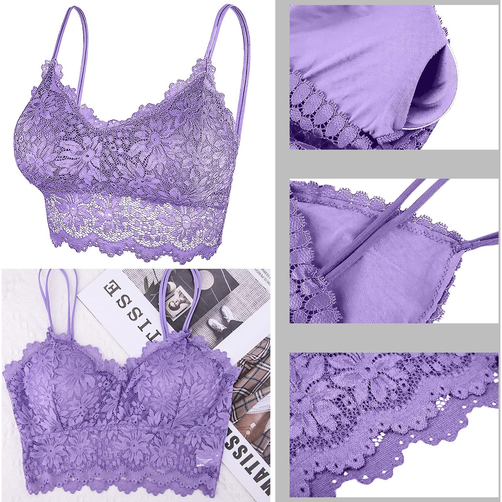 Duufin 5 Pcs Lace Bralettes For Women Bralette Padded Lace Bandeau Bra  S-M
