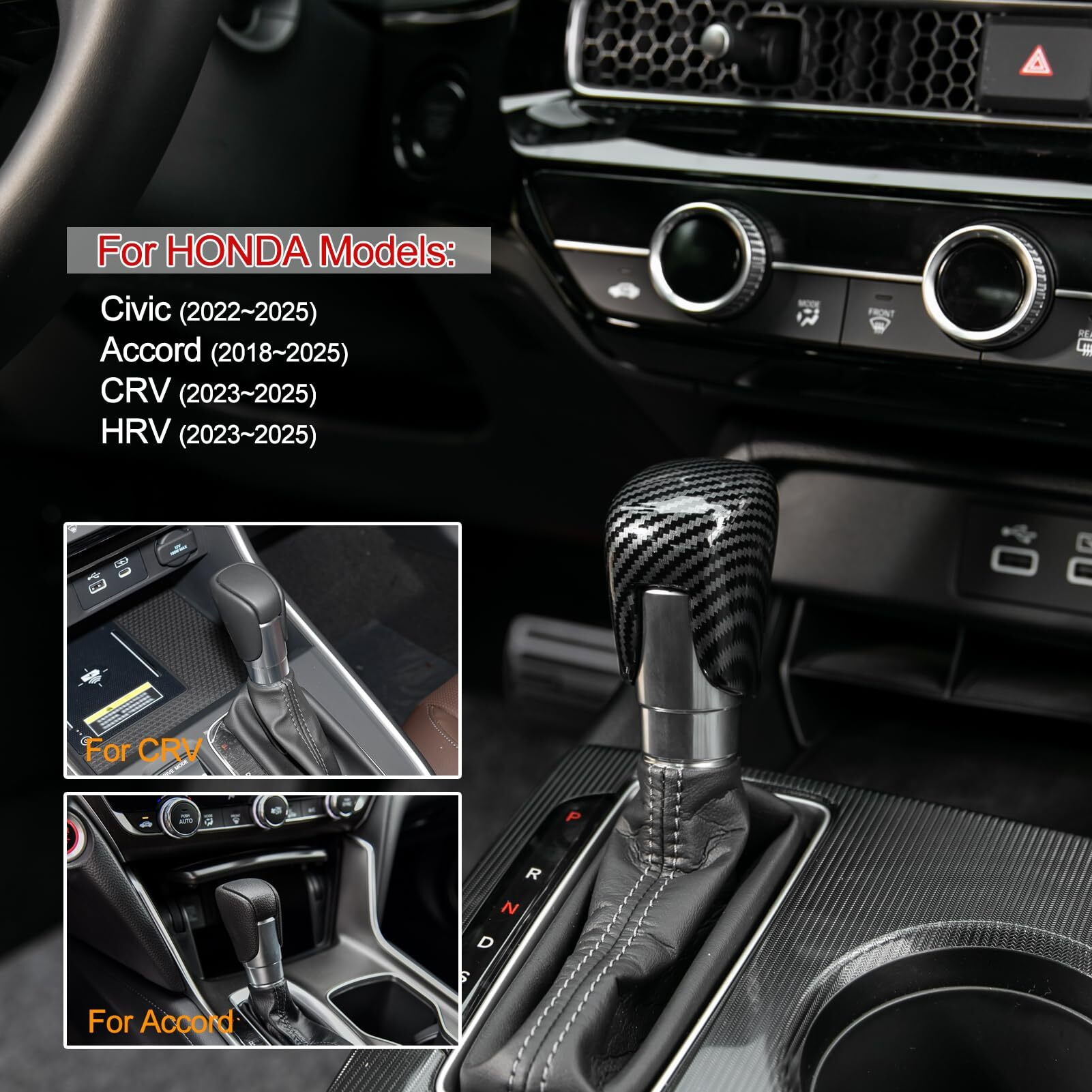 Cke Compatible With Honda Civic 2022 2023 2024 2025 For Crv Hrv 2023 2024 2025 For Accord 2018-2024 2025 Accessories Car Center Console Gear Shift Knob Cover Trim Cap -Black Carbon