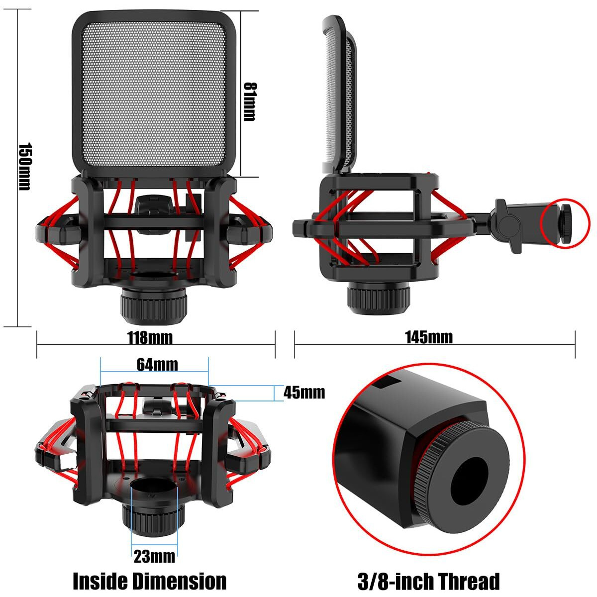 Microphone Shock Mount With Filter Screen For Lewitt Ray Lct-240 Pro Lct 440 Pure Lct 441 Flex Compatible With Protruding Stems (D23 Mm) Like The Akg C Series Ect (Red)
