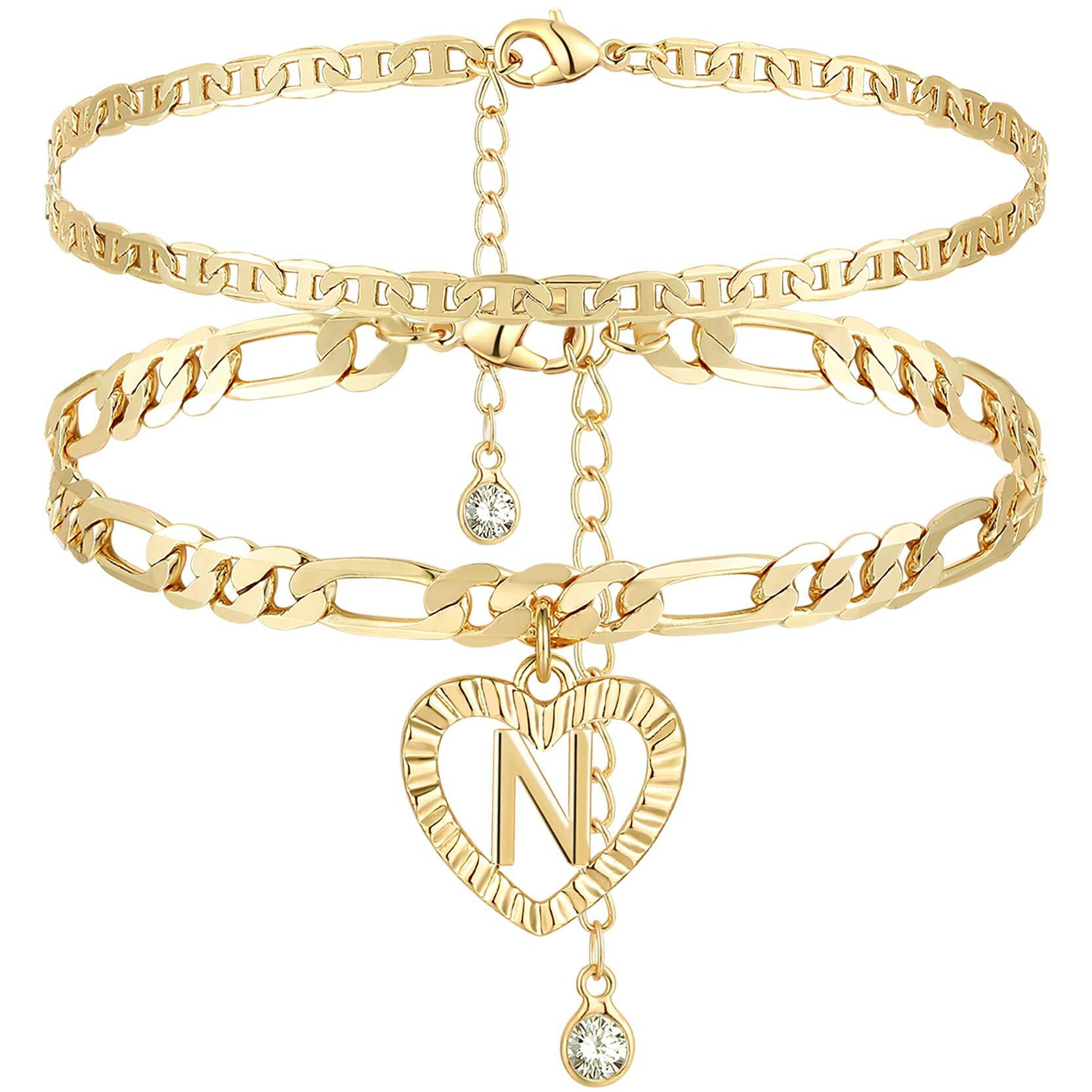 Yanoda Initial Ankle Bracelets For Women 14K Gold Plated Layered Figaro Chain Letter Initial Anklets Handmade Layered Heart Ankle Bracelets Personalized Jewelry For Women N