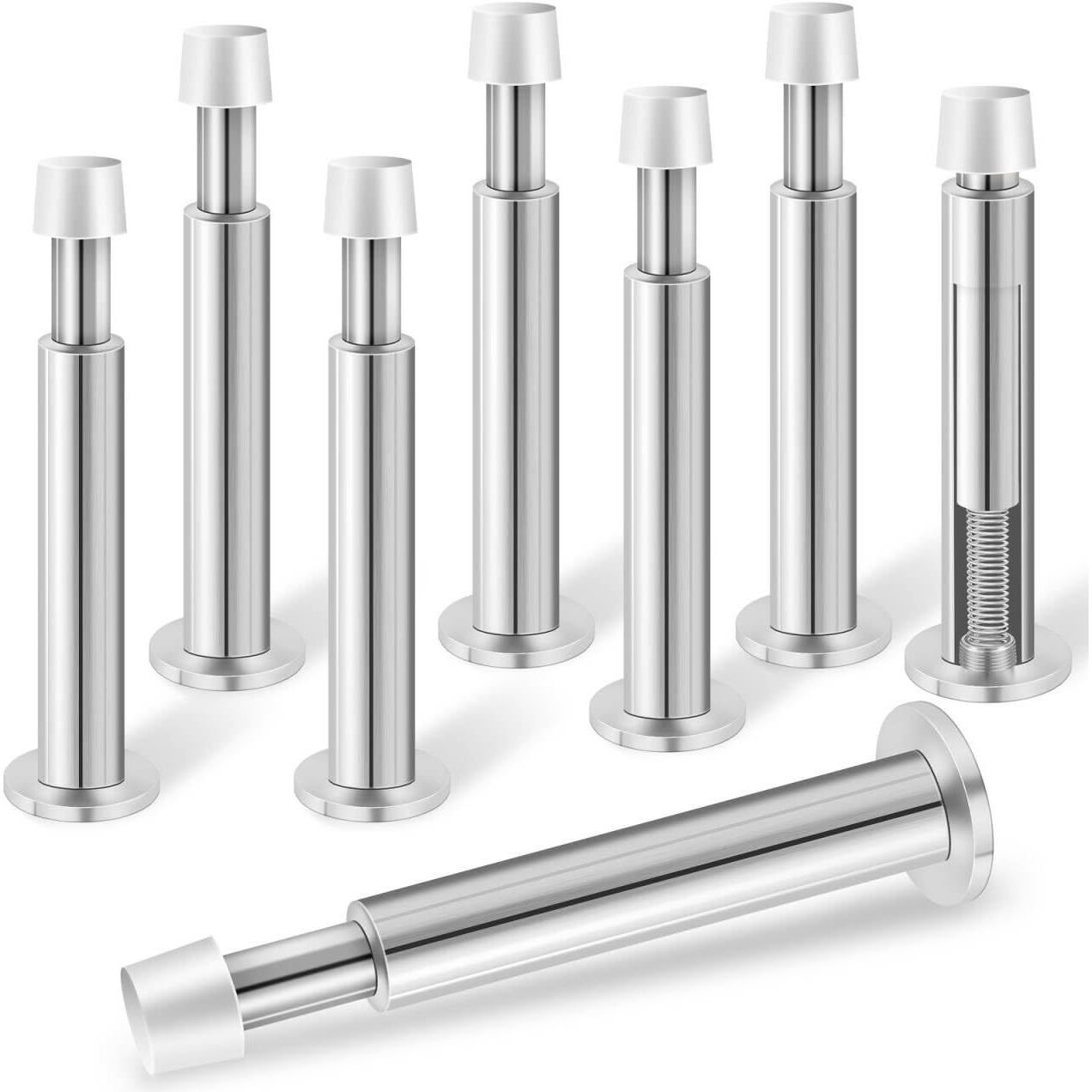 Kolako Door Stoppers For Wall  8 Pack Door Stops  Long Spring Door Stopper With Rubber Bumper Wall Mount Doorstop  Silver