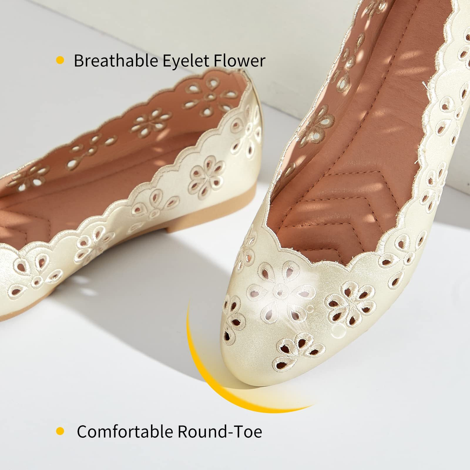 Fracora Women's Ballet Flats Black Pu Leather Dress Shoes Comfortable Round Toe Slip On Flats With Breathable Eyelets(Gold.Us8)