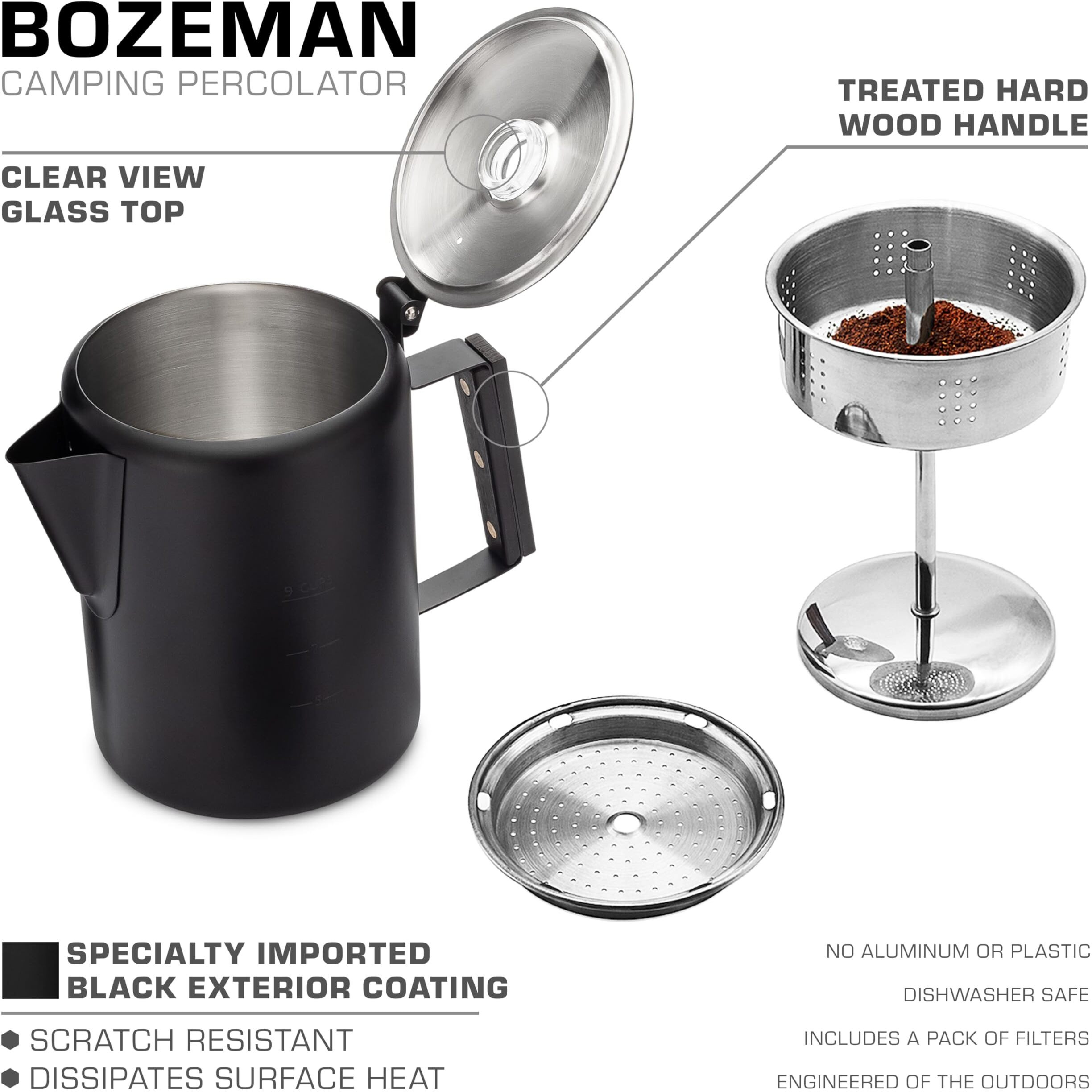 Coletti Black Bozeman Percolator Coffee Pot - Camping Coffee Pot  Coffee Percolator - Americas Sleekest Percolator - Pure Stainless Steel  No Aluminum Or Plastic (9 Cup)