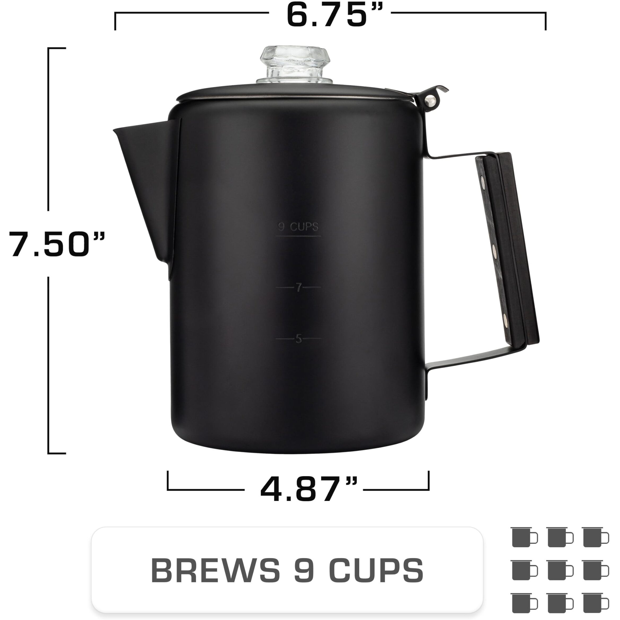 Coletti Black Bozeman Percolator Coffee Pot - Camping Coffee Pot  Coffee Percolator - Americas Sleekest Percolator - Pure Stainless Steel  No Aluminum Or Plastic (9 Cup)