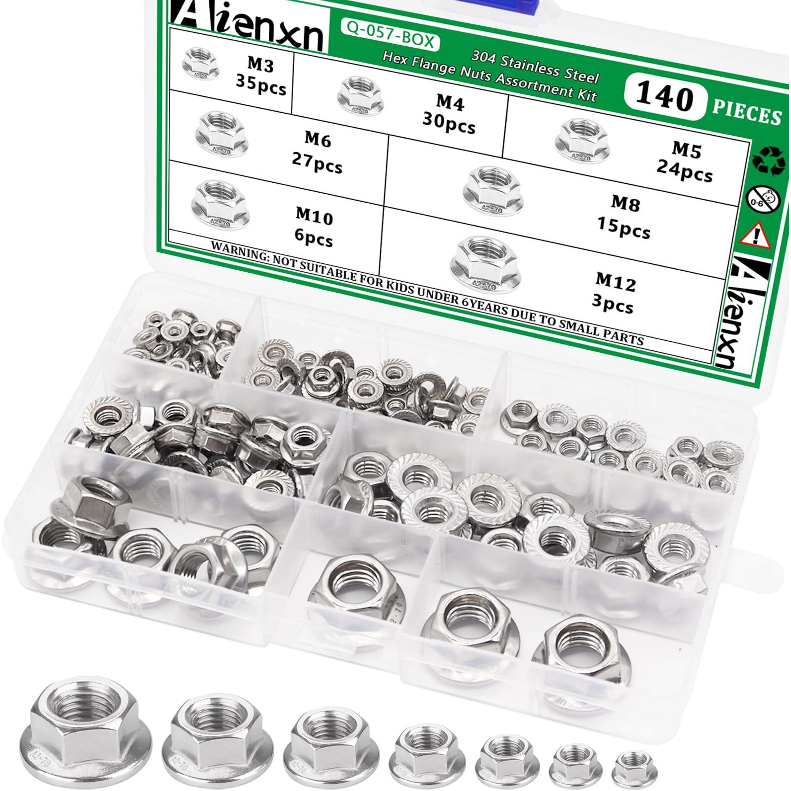 Aienxn 140Pcs 7 Metric Sizes 304 Stainless Steel Hex Flange Nuts Assortment Kit -M3  M4  M5  M6  M8  M10  M12
