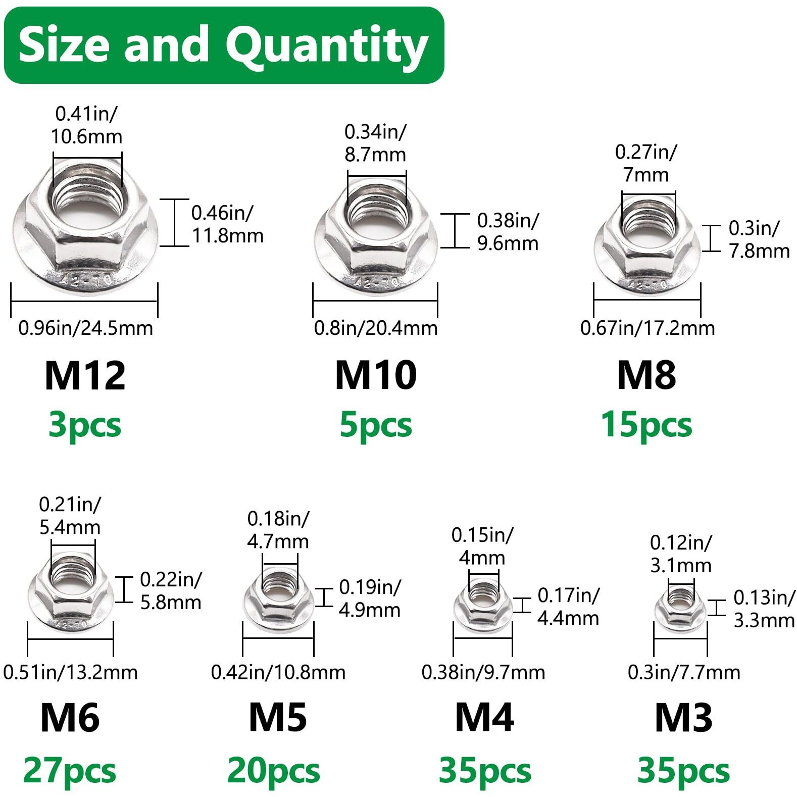 Aienxn 140Pcs 7 Metric Sizes 304 Stainless Steel Hex Flange Nuts Assortment Kit -M3  M4  M5  M6  M8  M10  M12