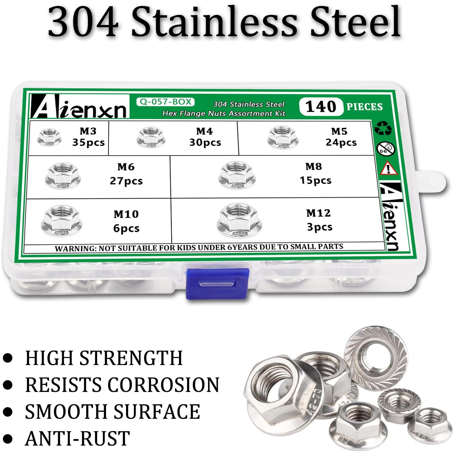 Aienxn 140Pcs 7 Metric Sizes 304 Stainless Steel Hex Flange Nuts Assortment Kit -M3  M4  M5  M6  M8  M10  M12