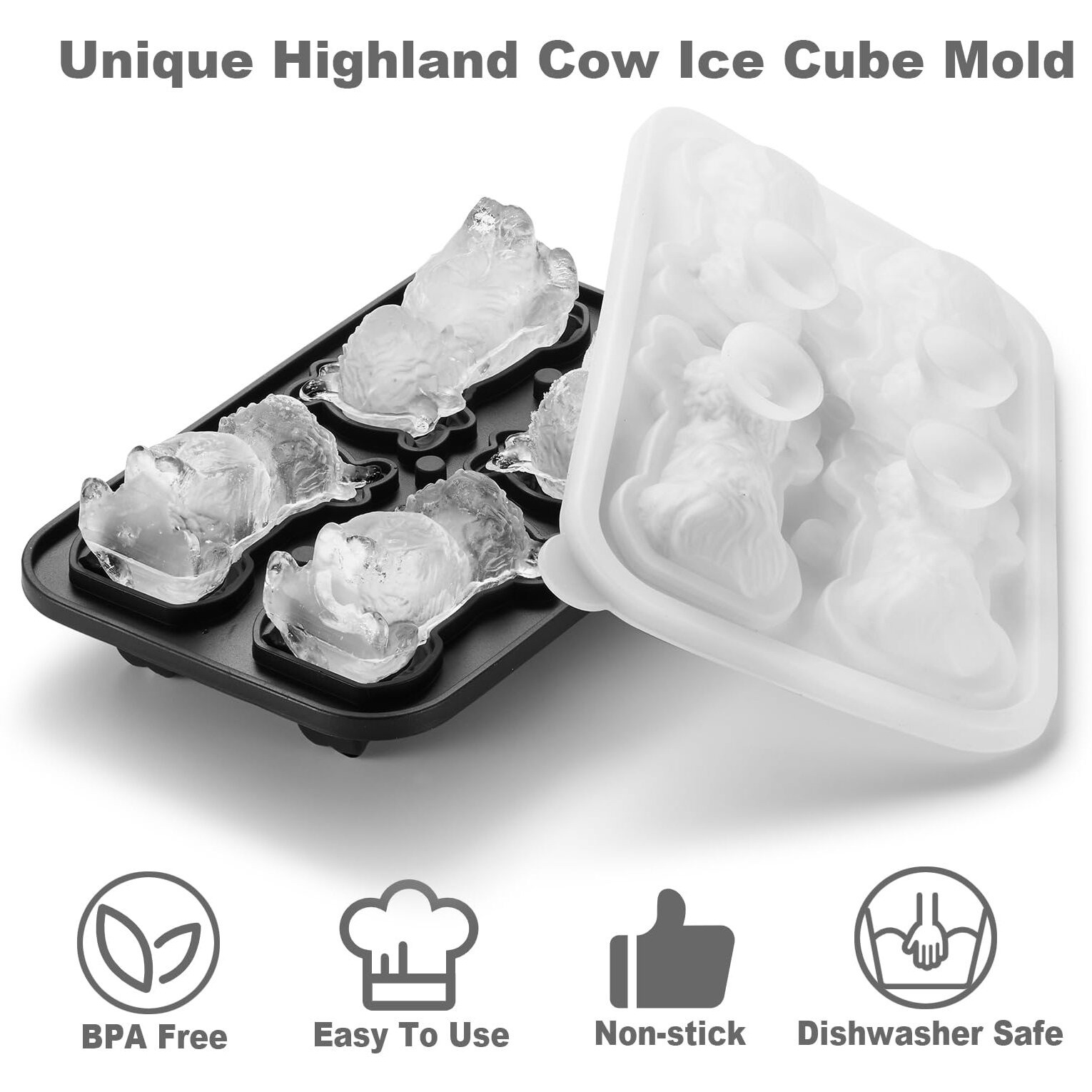 Acookee 3D Highland Cow Ice Cube Tray Fun Shapes  Novelty Highland Cow Gifts  Holiday Stocking Stuffers For Men Women  Cute Highland Cattle Ice Mold For Whiskey Cocktail Bourbon
