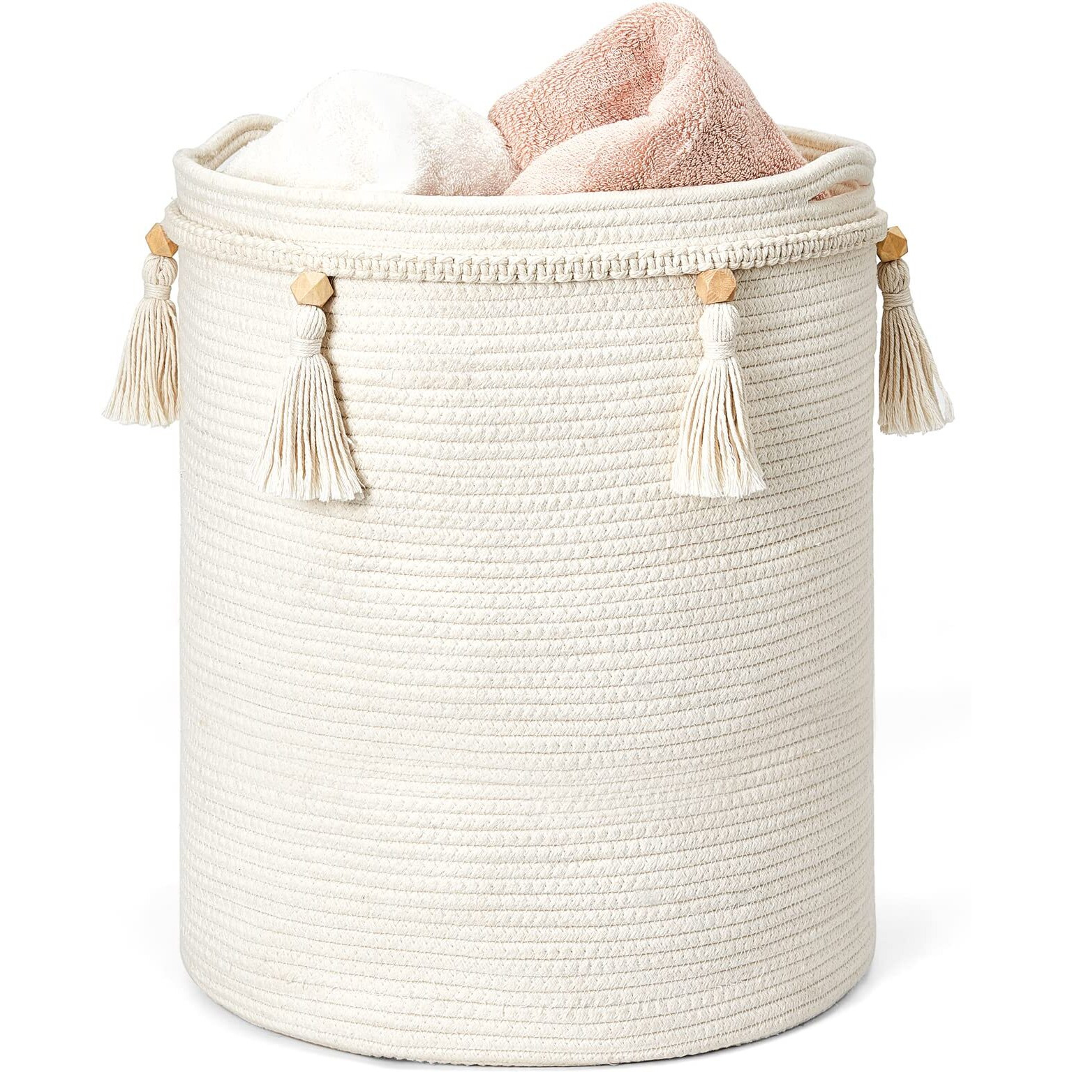 Mkono Macrame Decorative Cotton Rope Basket Boho Cute Woven Tassel Tall Basket Closet Storage Bins Organizer For Nursery Baby Toys  Potted Plants Cover Living Room Bedroom Home Decor 15.7"&quotX 19.6""