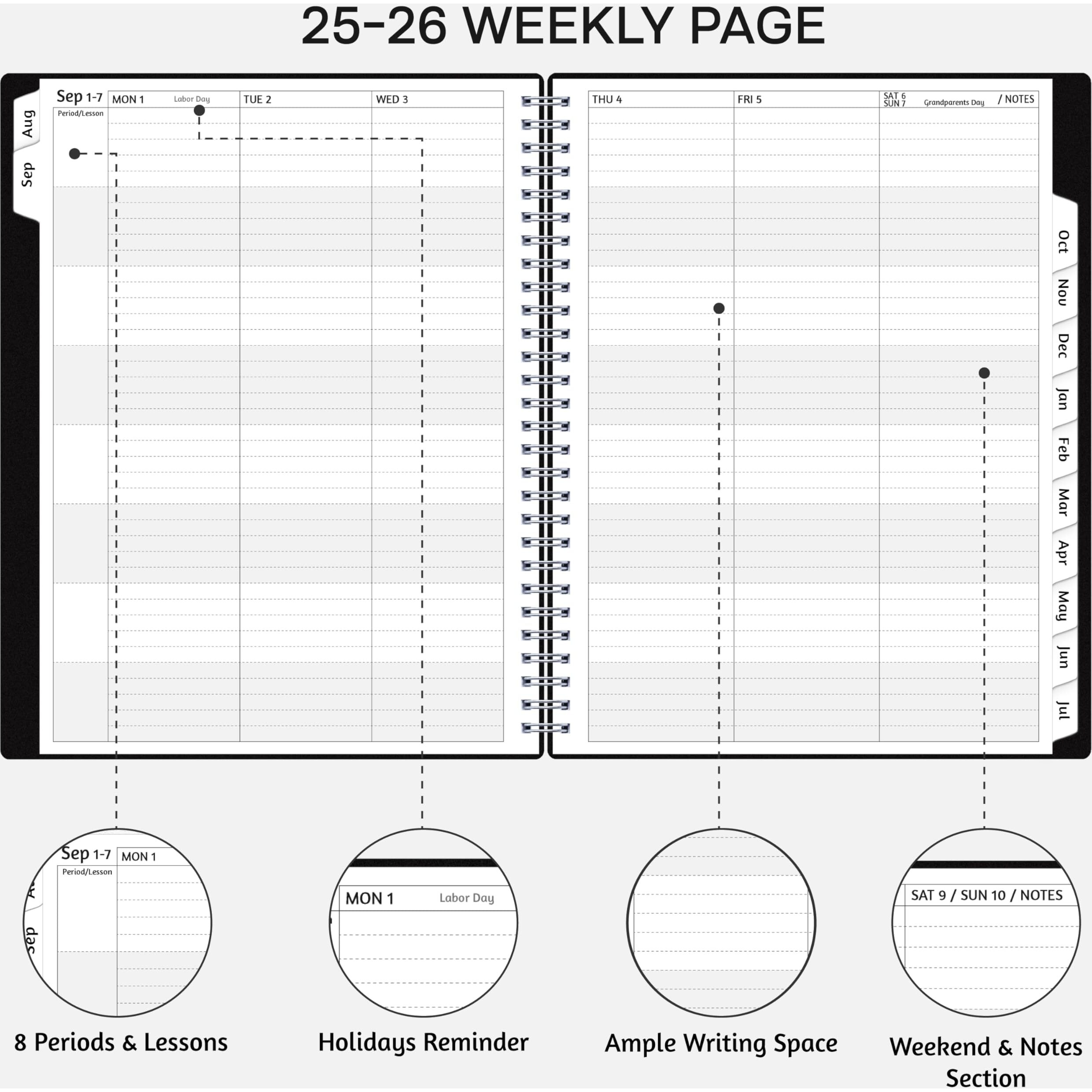 Goiunlt Teacher Planner 2025-2026  Aug. 2025 - Jul. 2026  Lesson Planner 2025-2026 Academic Year  With Tabs  Thick Paper  2-Sided Pocket  8 X 10 Daily Weekly And Monthly Calendar With 8 Periods