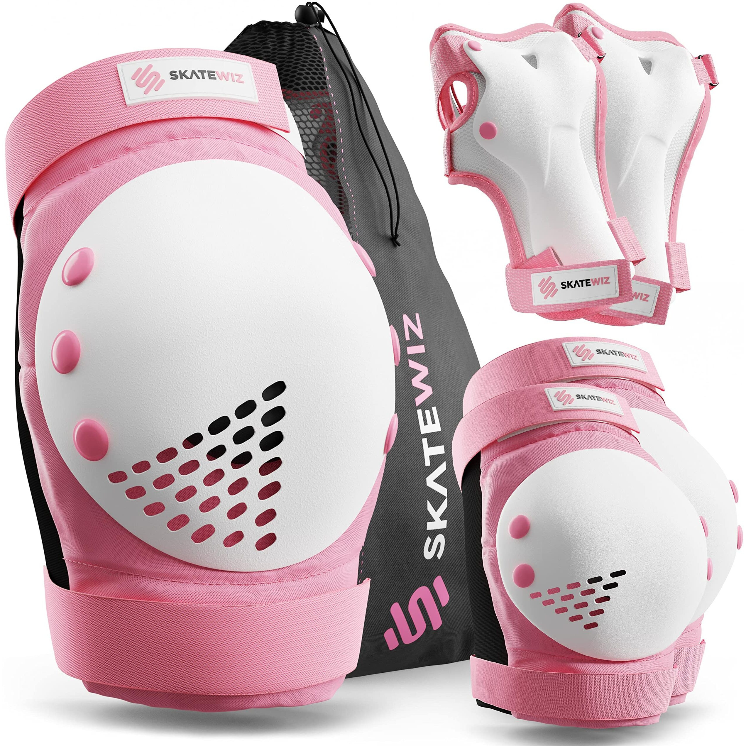 Skatewiz Knee And Elbow Pads Adult - Skating Protective Gear Adult - Smash - Size L Pink White - Skate Protective Gear Roller Skates Scooter Skateboard Knee Pads For Women Roller Skating