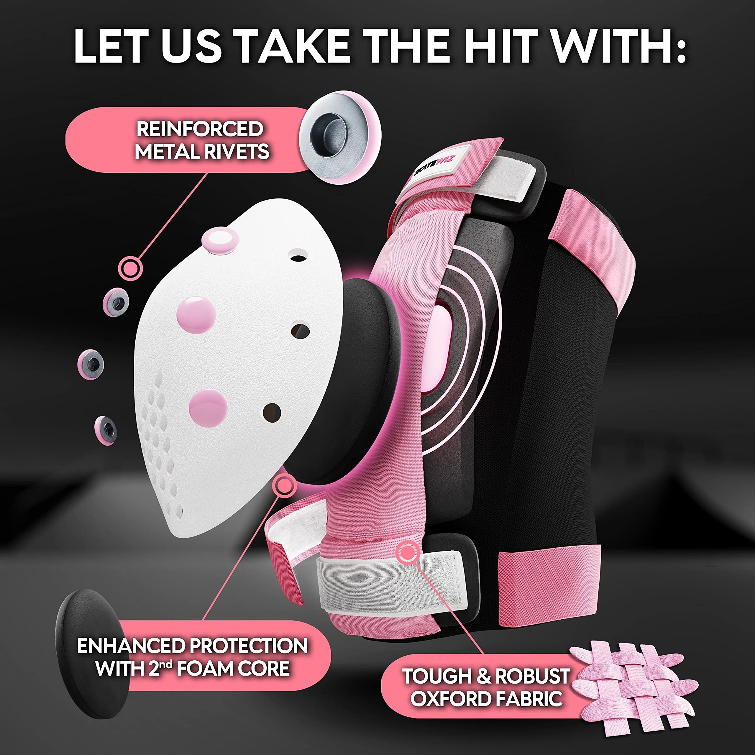 Skatewiz Knee And Elbow Pads Adult - Skating Protective Gear Adult - Smash - Size L Pink White - Skate Protective Gear Roller Skates Scooter Skateboard Knee Pads For Women Roller Skating