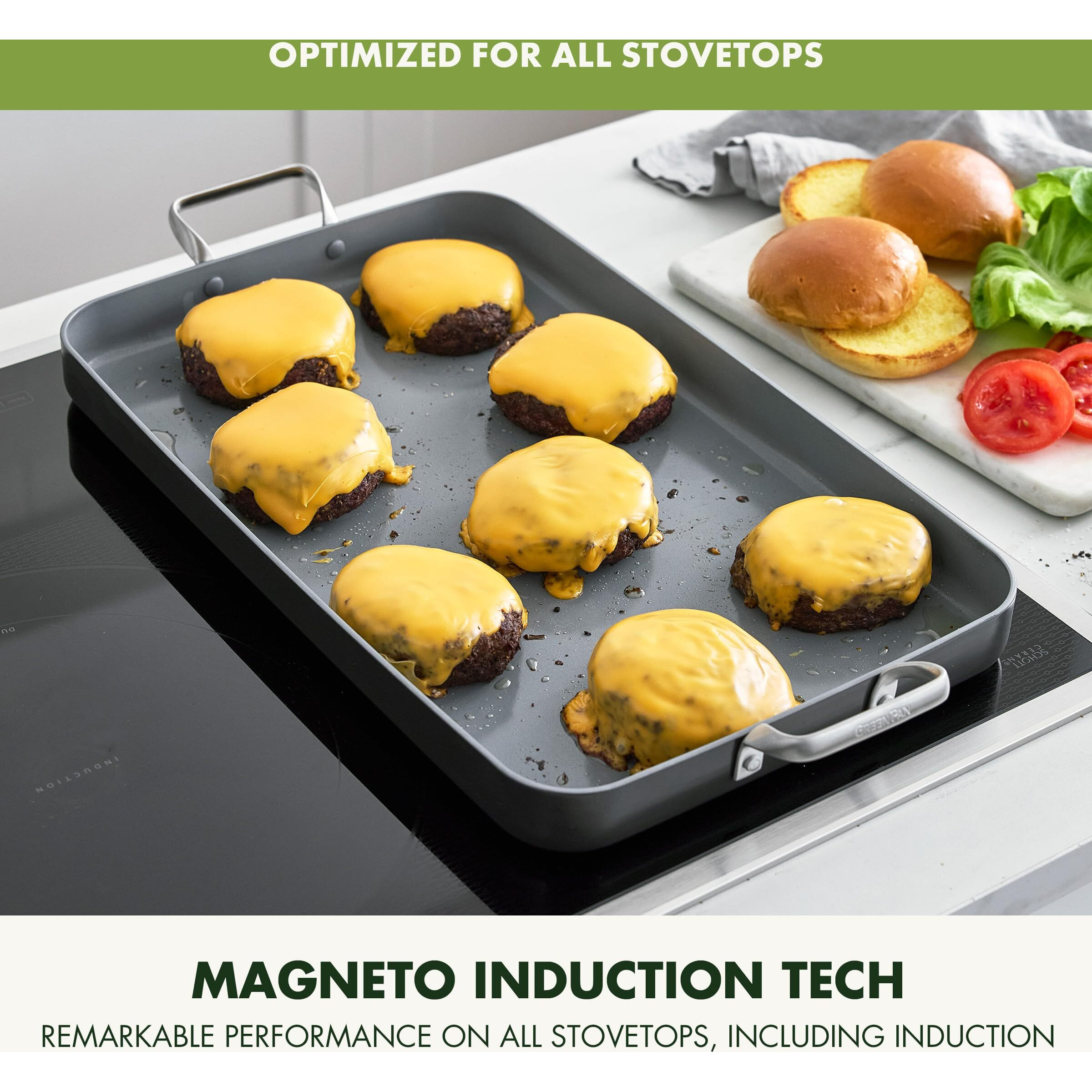 Greenpan Valencia Pro 18"" X 11"" Double Burner Griddle Pan  Induction Suitable  Ceramic Nonstick Pfas-Free  Rectangular Stovetop Cookware  Stainless Steel Handles  Dishwasher  Oven & Broiler Safe  Gray