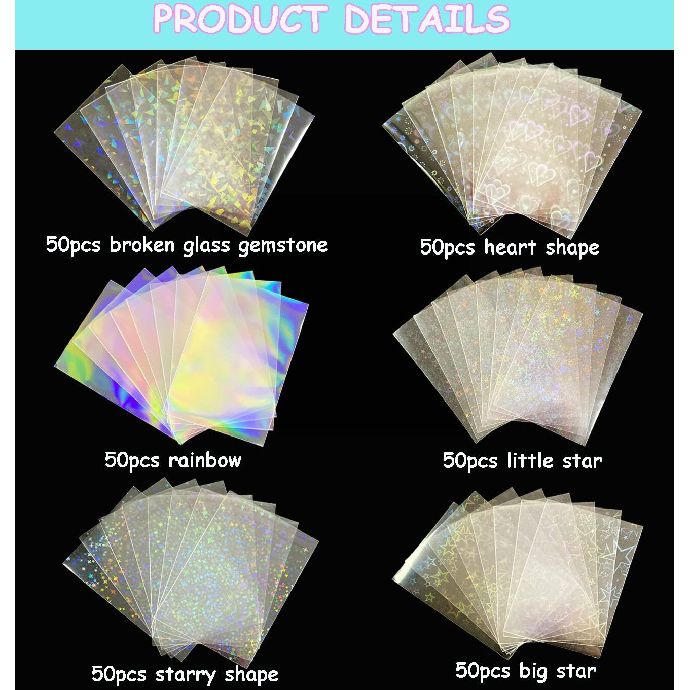 Lora Rossie 300 Pcs Kpop Photocard Sleeves Laser Flashing Card Sleeves Heart Star Glass Gemstone Rainbow Holographic Trading Card Protector For Photocard Mini Polaroid Kpop Photo Cards