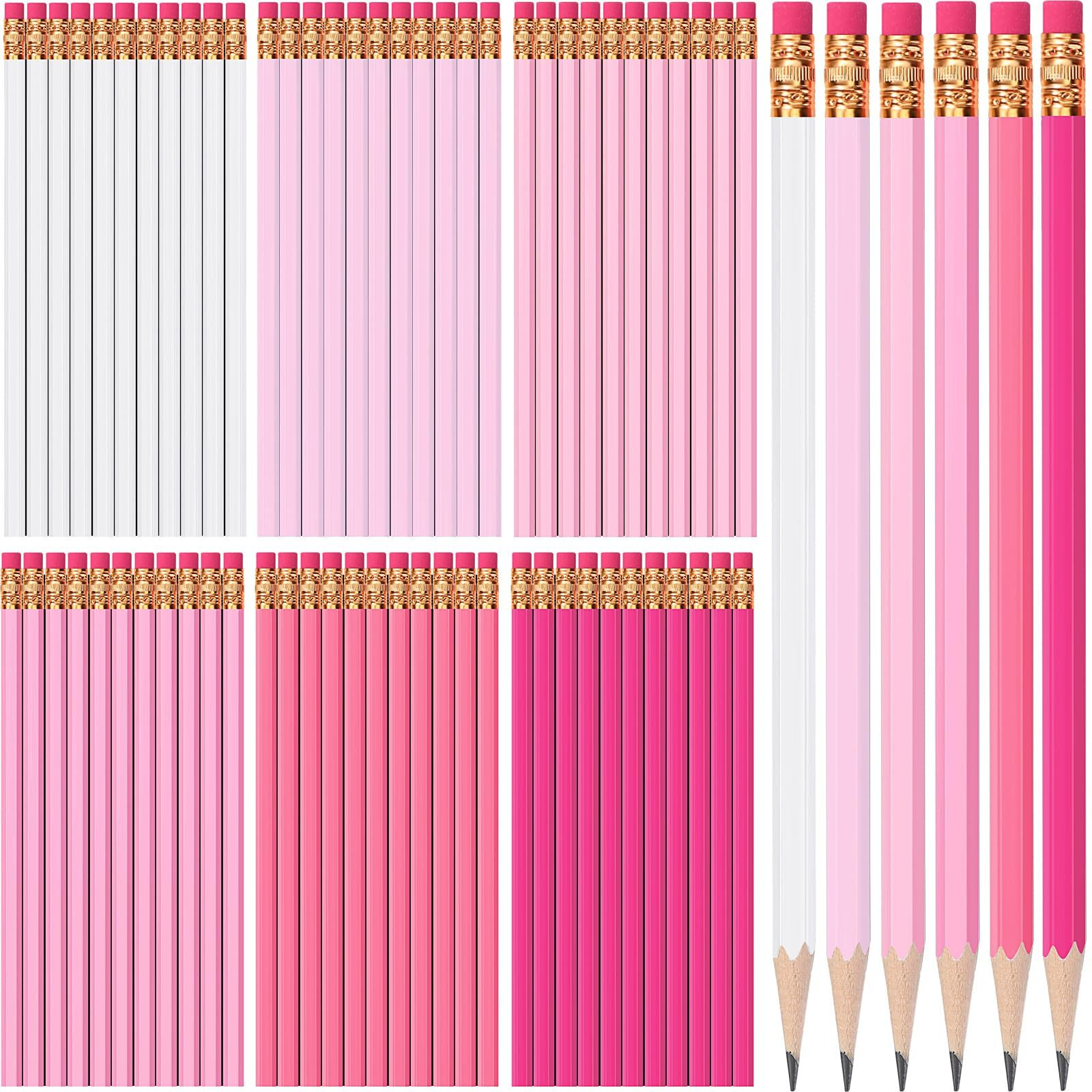 Tecunite 60 Pcs Hb Pencils 2 Unsharpened Wood Cased Pencils With Eraser Hexagonal Pencil Cute Graphite No 2 Pen For Adults Gifts Exam School Office Sketching Learning(Pink Series  White)