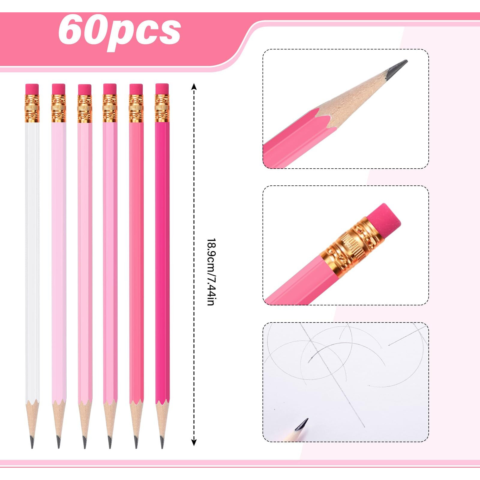 Tecunite 60 Pcs Hb Pencils 2 Unsharpened Wood Cased Pencils With Eraser Hexagonal Pencil Cute Graphite No 2 Pen For Adults Gifts Exam School Office Sketching Learning(Pink Series  White)