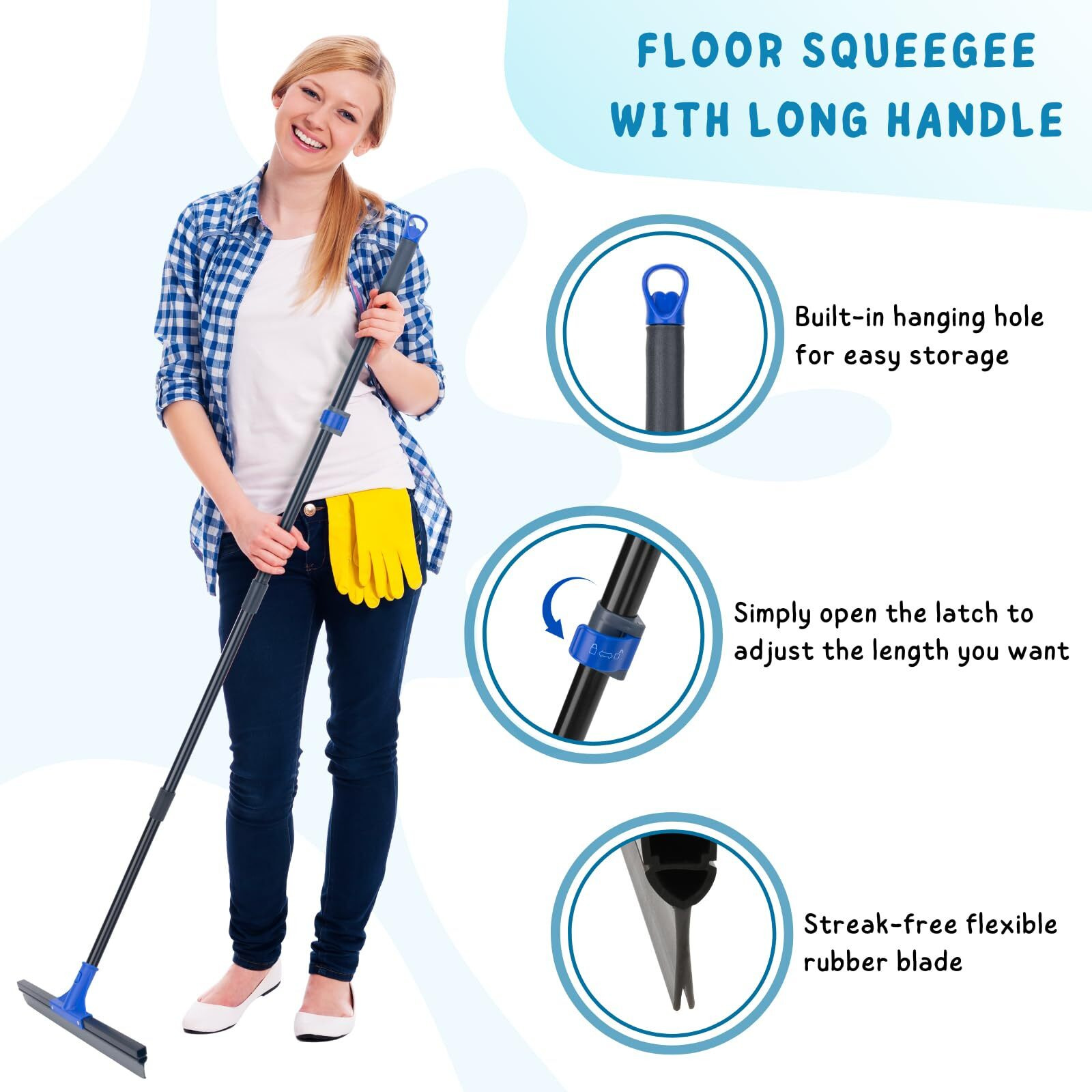 Floor Squeegee With Telescopic Long Handle 59''  Heavy Duty 18"" Rubber Wiper Broom For Concrete  Bathroom Tile  Garage  Deck