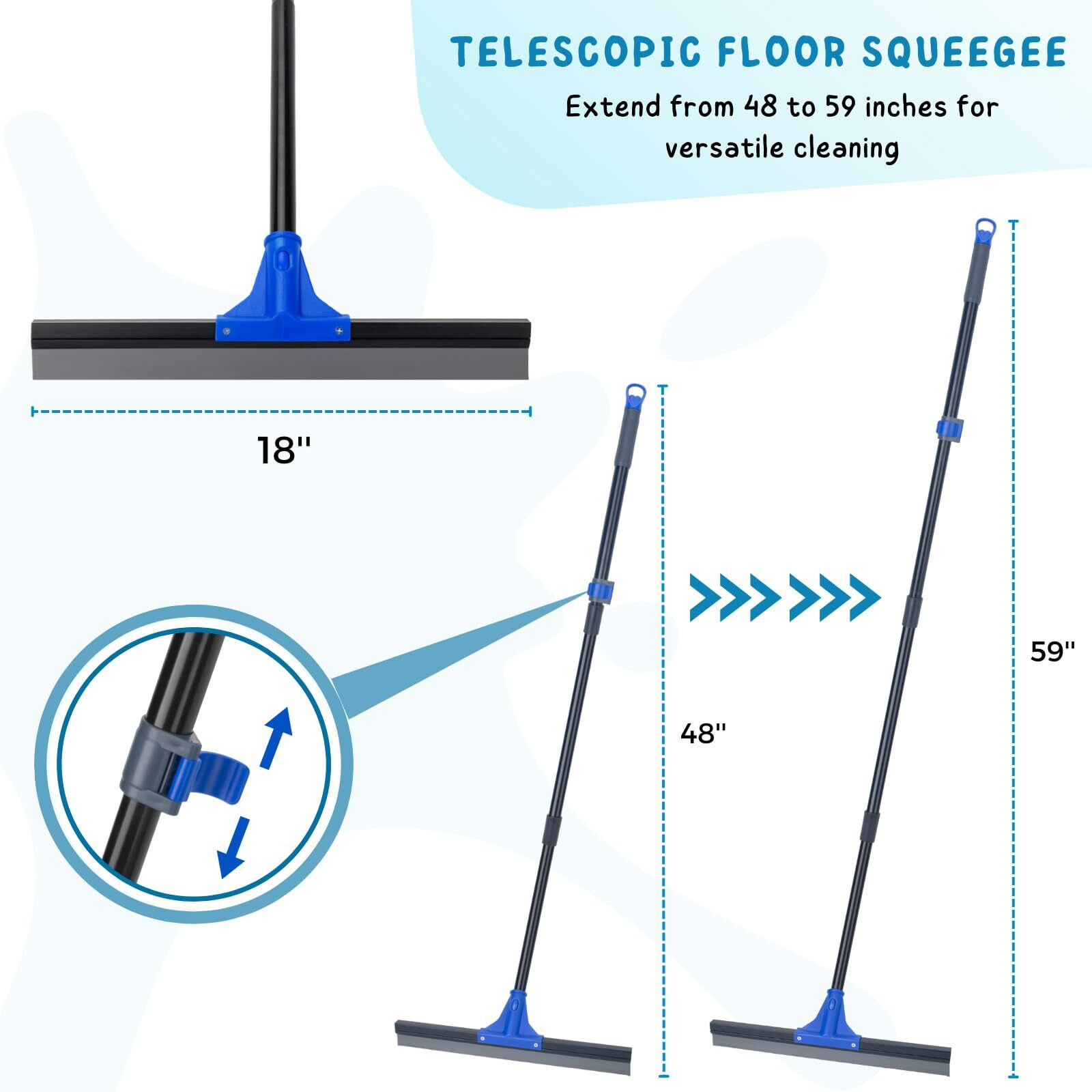 Floor Squeegee With Telescopic Long Handle 59''  Heavy Duty 18"" Rubber Wiper Broom For Concrete  Bathroom Tile  Garage  Deck