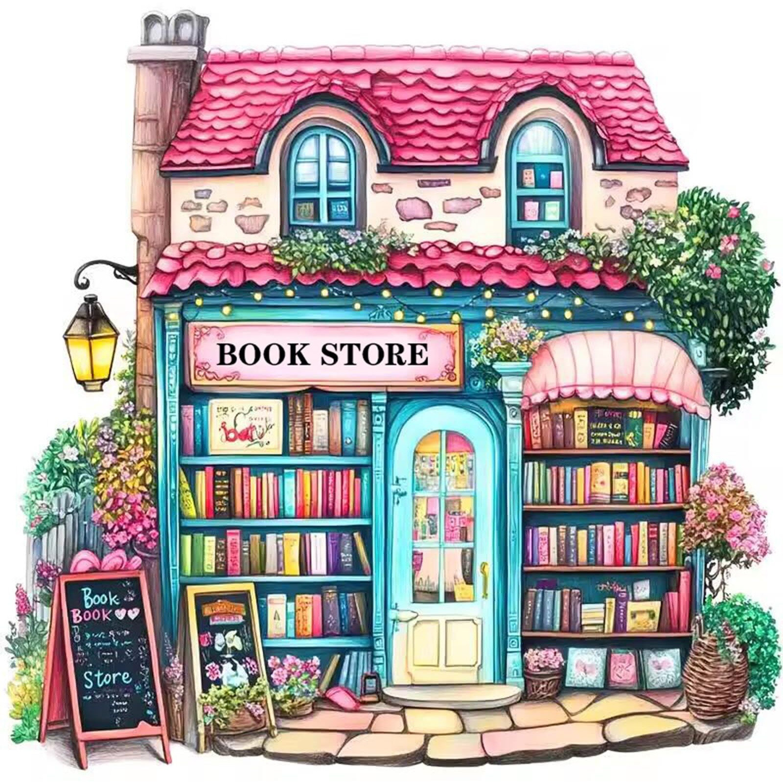 Pink Bookstore Diamond Painting Kits For Adults  5D Diamond Art Painting By Numbers Kits  Diy Diamond Dots Art Kits  Full Round Drill Diamond Paintings For Adults For Home Wall Decor  13.8X13.8 In