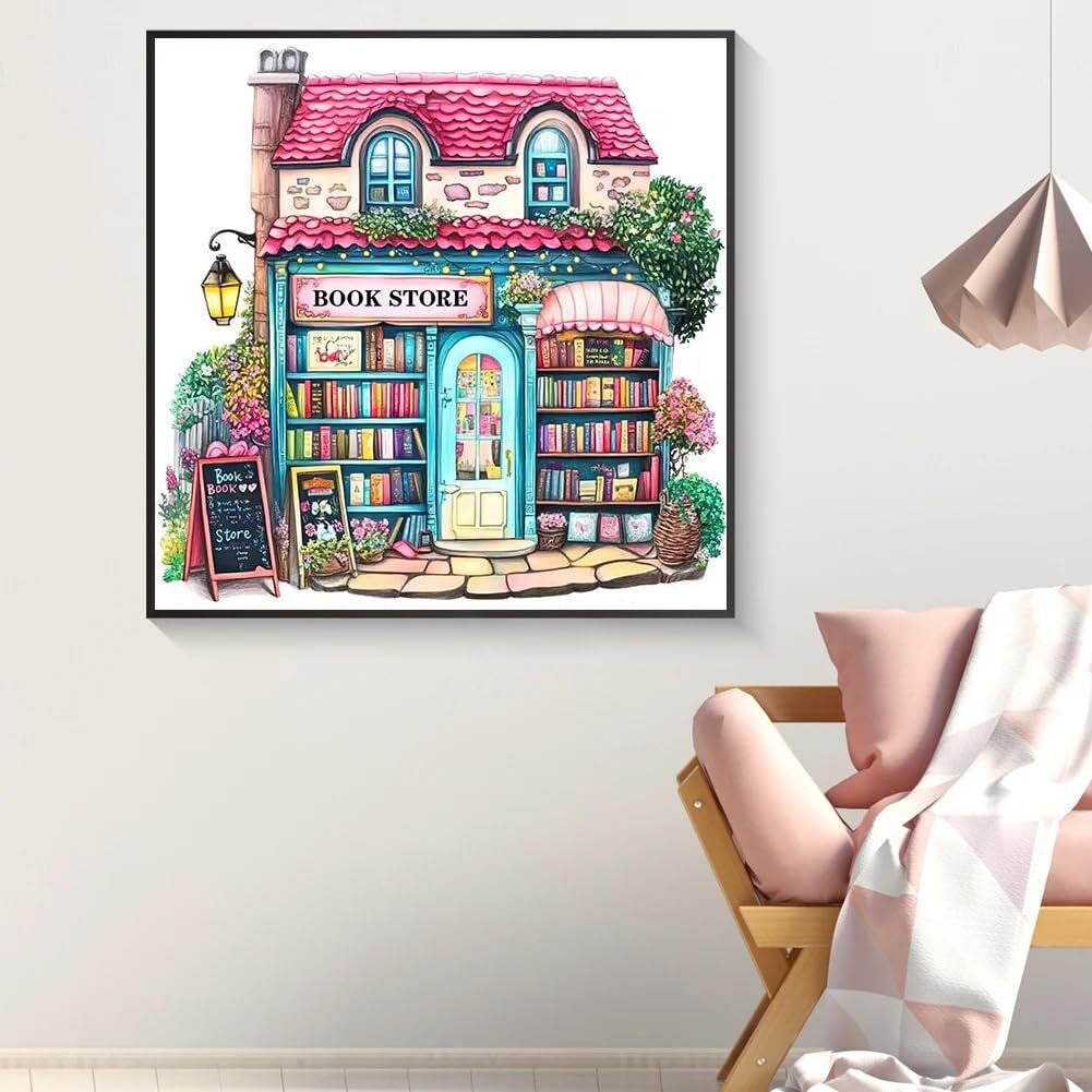 Pink Bookstore Diamond Painting Kits For Adults  5D Diamond Art Painting By Numbers Kits  Diy Diamond Dots Art Kits  Full Round Drill Diamond Paintings For Adults For Home Wall Decor  13.8X13.8 In