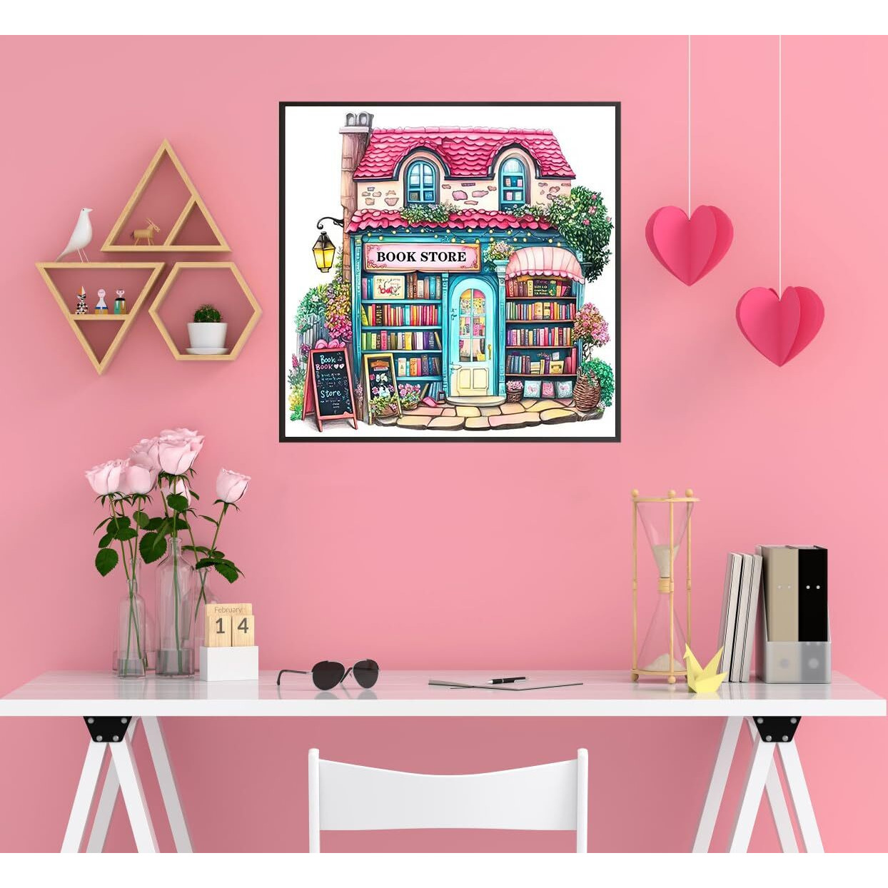 Pink Bookstore Diamond Painting Kits For Adults  5D Diamond Art Painting By Numbers Kits  Diy Diamond Dots Art Kits  Full Round Drill Diamond Paintings For Adults For Home Wall Decor  13.8X13.8 In