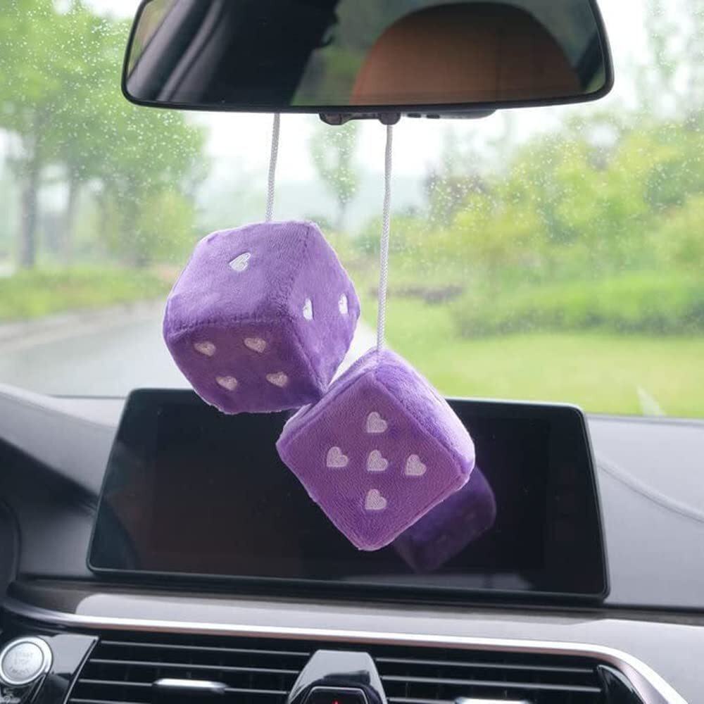 Pair 3  Purple Fuzzy Plush Dice Heart Shape Decor For Car Rearview Mirror  Retro Square Decoration Dice For Car Hanging Accessories