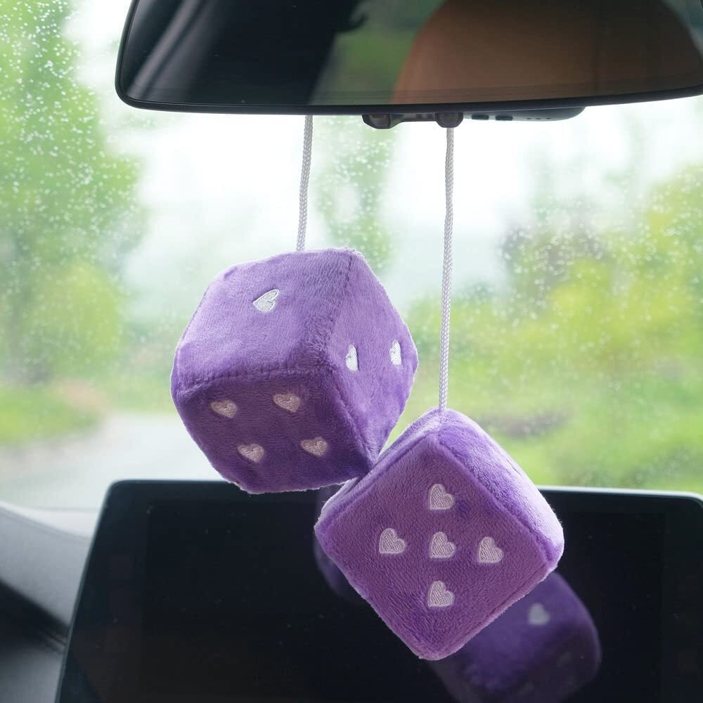 Pair 3  Purple Fuzzy Plush Dice Heart Shape Decor For Car Rearview Mirror  Retro Square Decoration Dice For Car Hanging Accessories