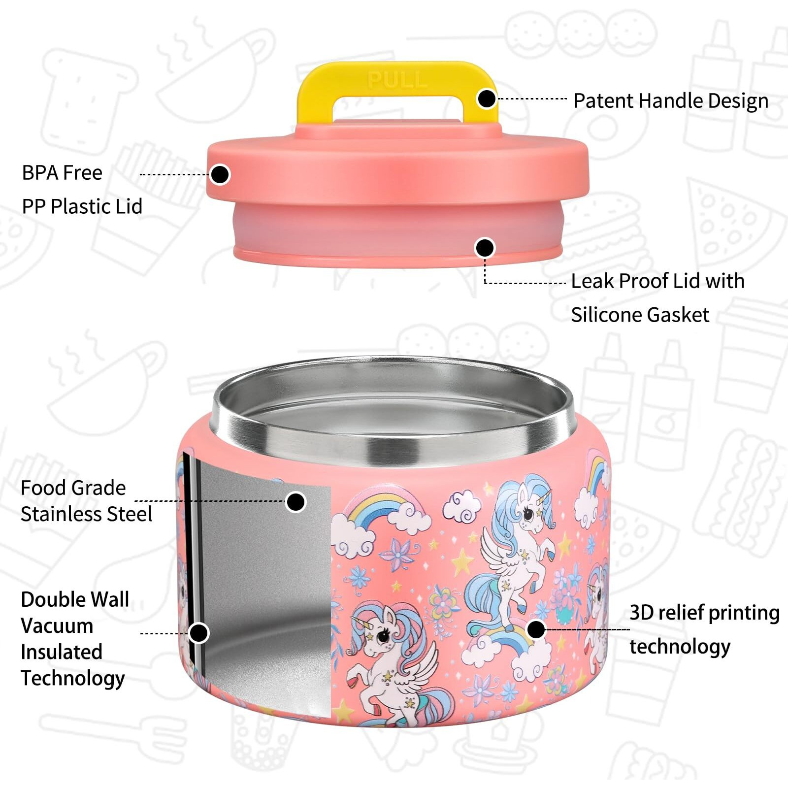 Maison Huis 8Oz Soup Thermo Wide Mouth Vacuum Insulated Thermo Food Jar  Leak Proof Stainless Steel Food Thermo For Hot&Cold Food Kids Food Lunch Soup Container For School Travel (Pink-Rainbow