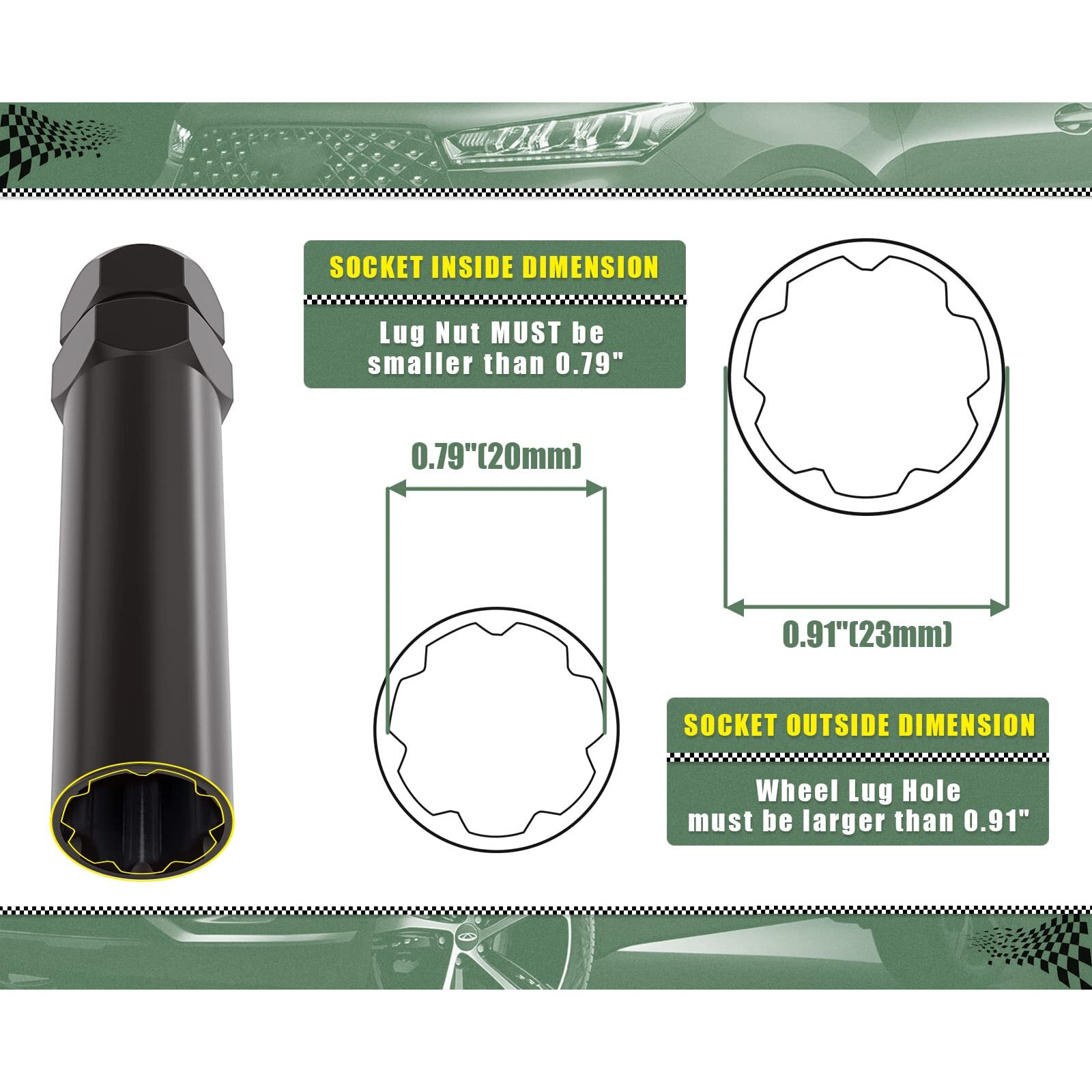 7 Spline Lug Nuts Key Tuner Large Socket Lugnuts Tool For Wrench With 13/16Inch(21Mm) And 7/8Inch(22Mm) Hex Replacement 14X1.5 14X2 9/16 Wheel Lug Nut Drive Lock Black 20Mm Inner Diameter