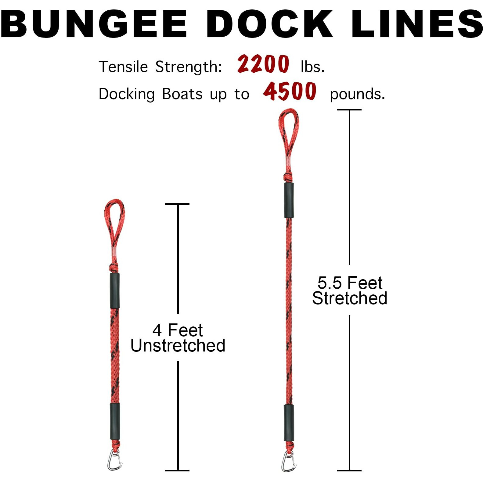 4 Feet Bungee Dock Line Mooring Rope For Docking With Stainless Steel Clip Accessories For Boats Pwc  Built In Snubber  Kayak  Watercraft Seadoo Jet Ski  Pontoon  Canoe  Power Boat 2-Pack (Red&Black)