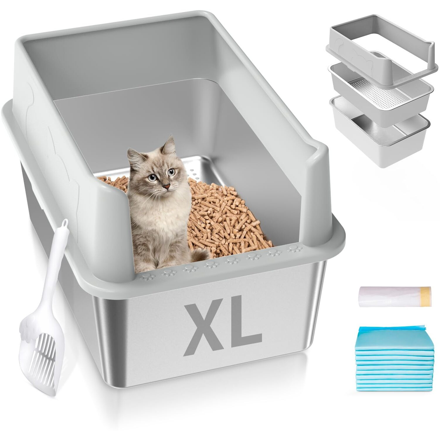 Stainless Steel Cat Litter Box With Lid  Xl High Sided Metal Sifting Litter Box For Pine Pellets  Enclosed Litter Box For Big Cats  Anti-Leakage  Easy Clean  Include Scoop  Liner  Pee Pad And Hook