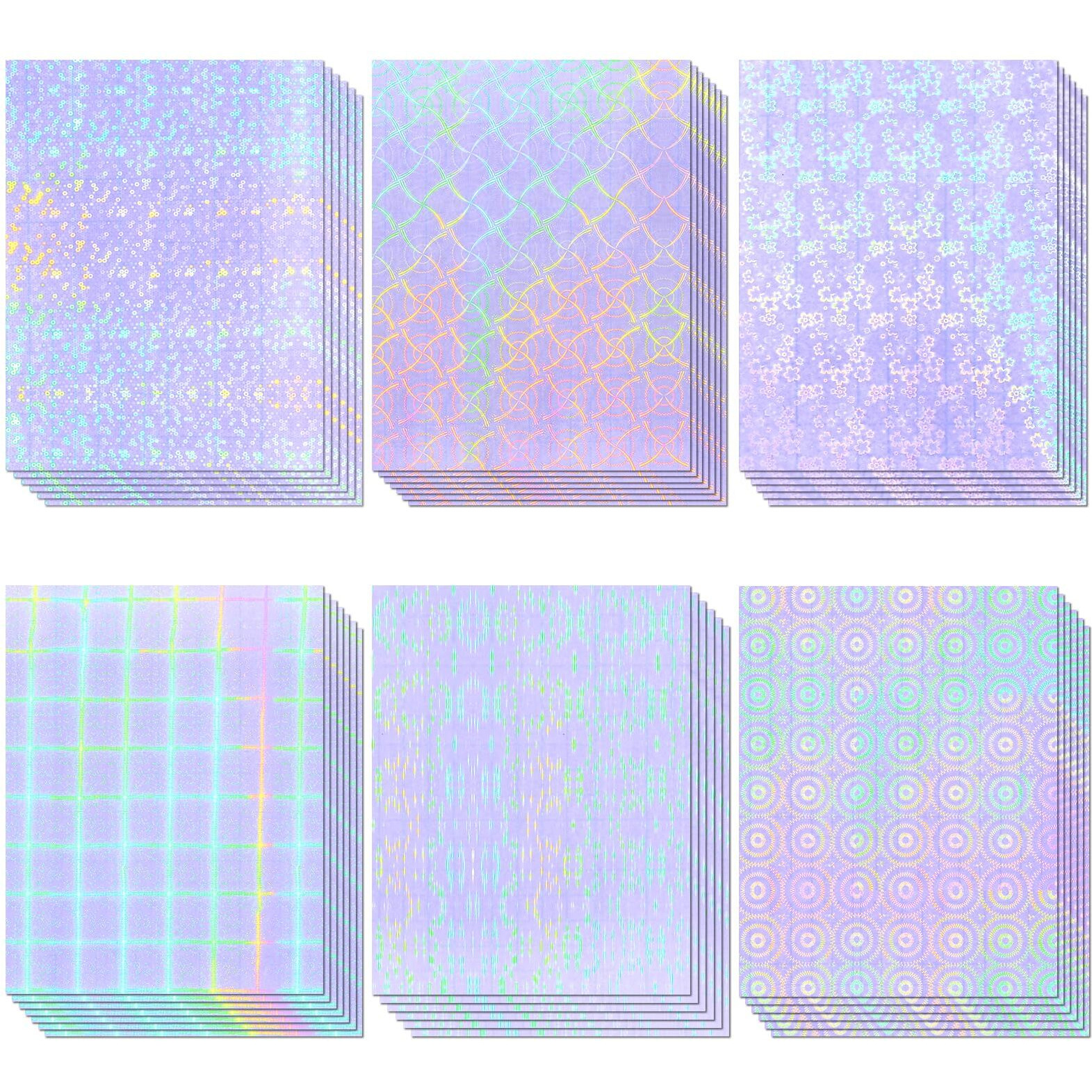 36 Sheets Holographic Sticker Paper  Clear Vinyl Laminate Film For Stickers Self-Adhesive  Transparent Overlay Lamination Sticker Paper Waterproof  6 Patterns-8.5X11 Inch