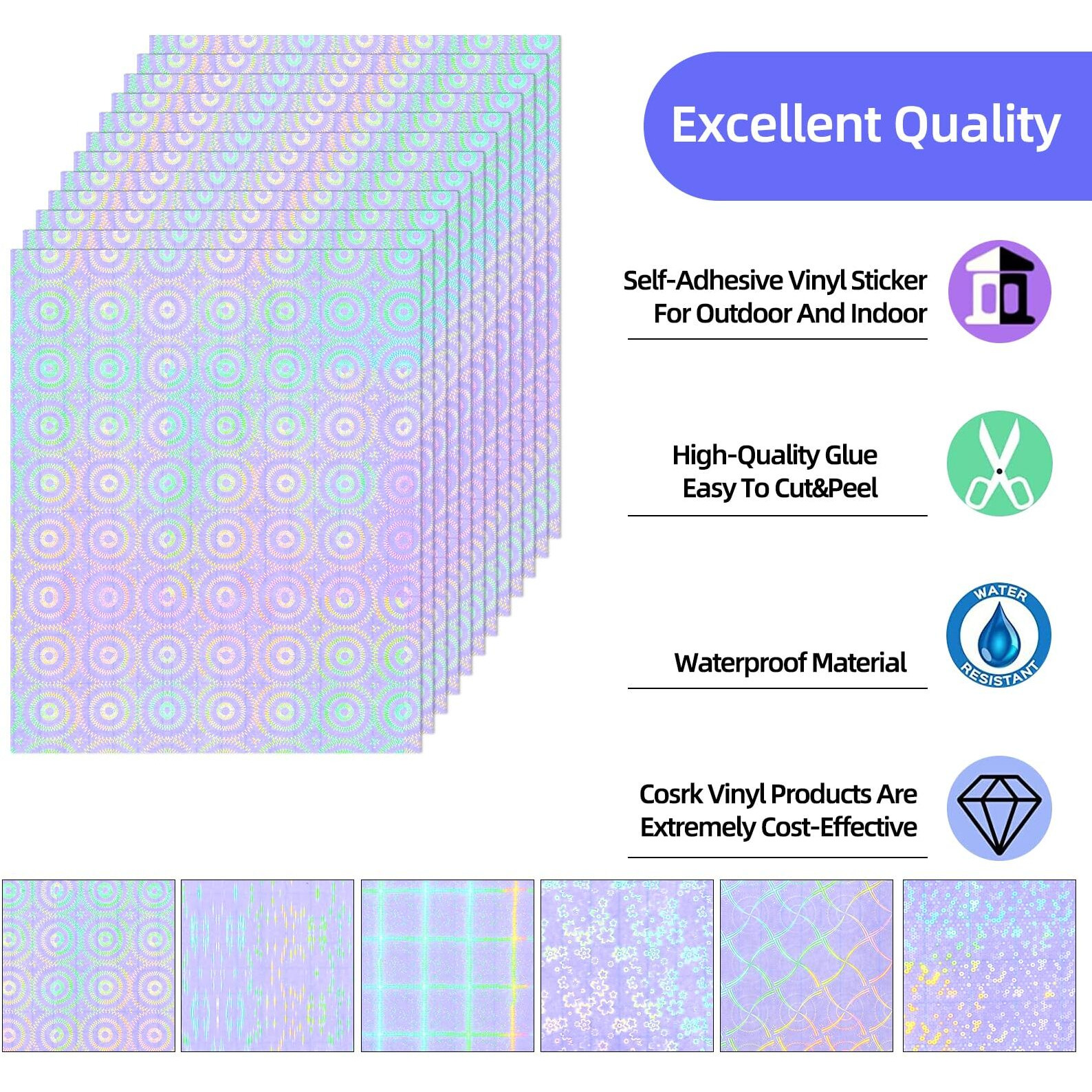 36 Sheets Holographic Sticker Paper  Clear Vinyl Laminate Film For Stickers Self-Adhesive  Transparent Overlay Lamination Sticker Paper Waterproof  6 Patterns-8.5X11 Inch