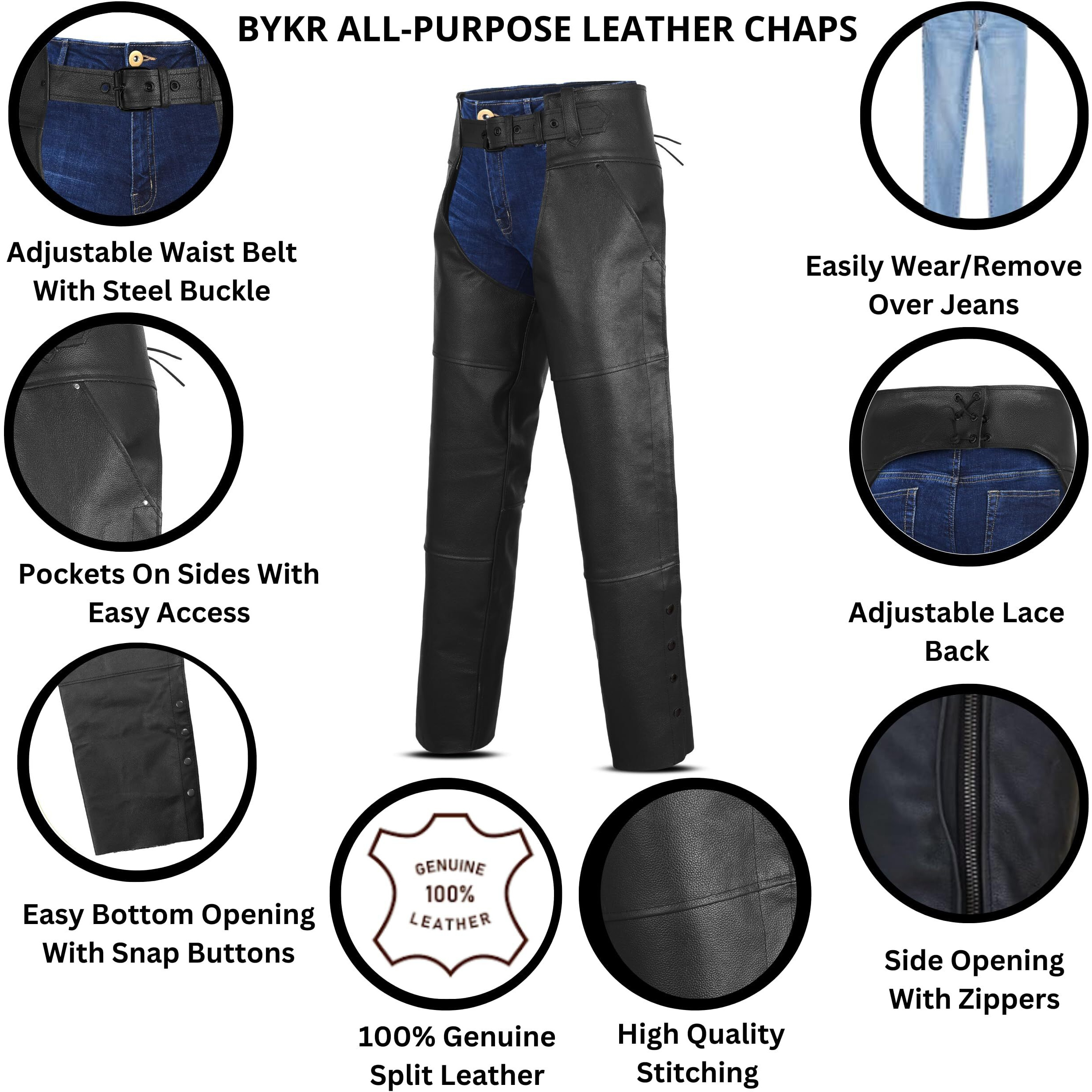 Bykr Leather Motorcycle Chaps For Men & Women Overpants Cowboy Riding Biker Vintage Chap Pants Adjustable Waist & Length (Black  48 Inch)