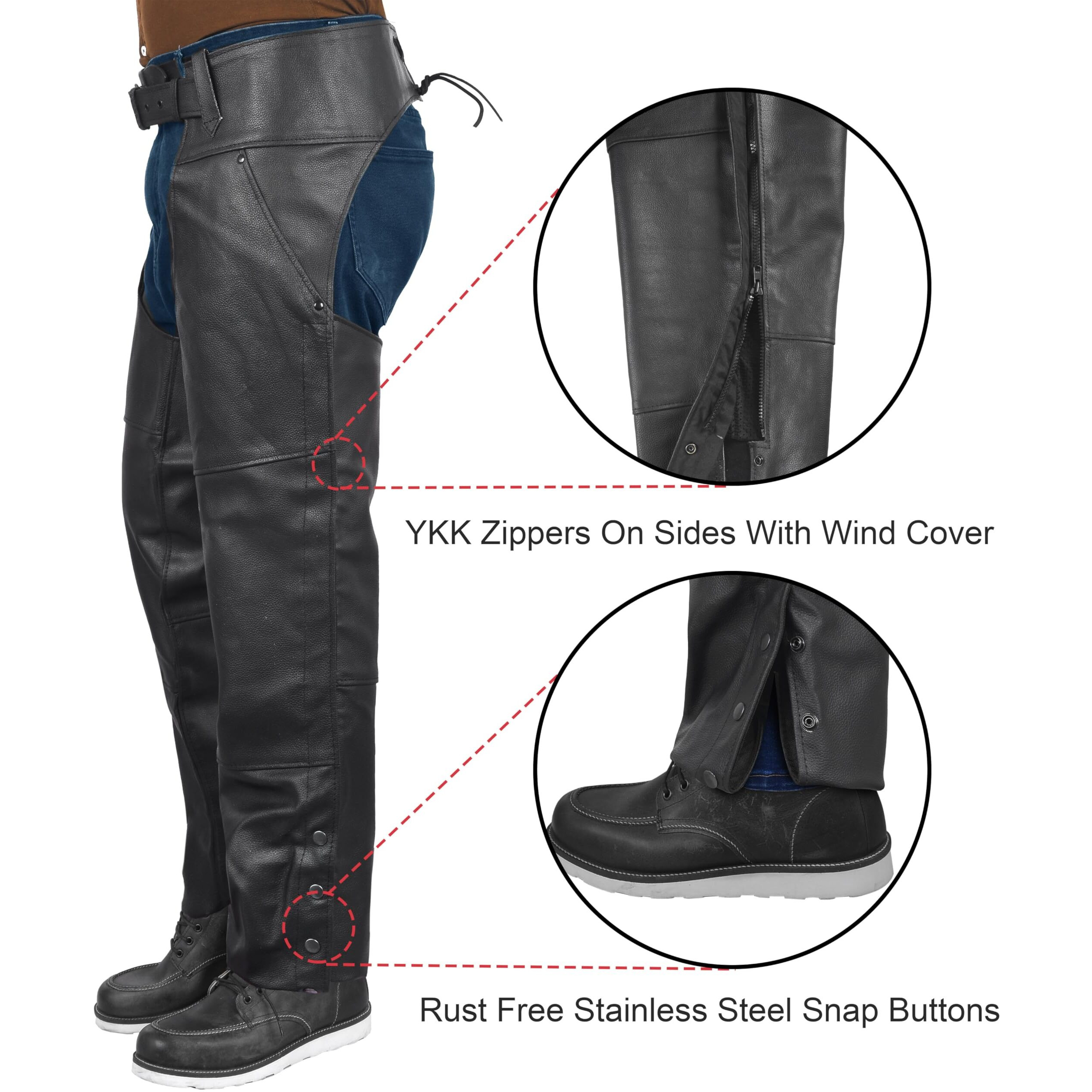 Bykr Leather Motorcycle Chaps For Men & Women Overpants Cowboy Riding Biker Vintage Chap Pants Adjustable Waist & Length (Black  48 Inch)