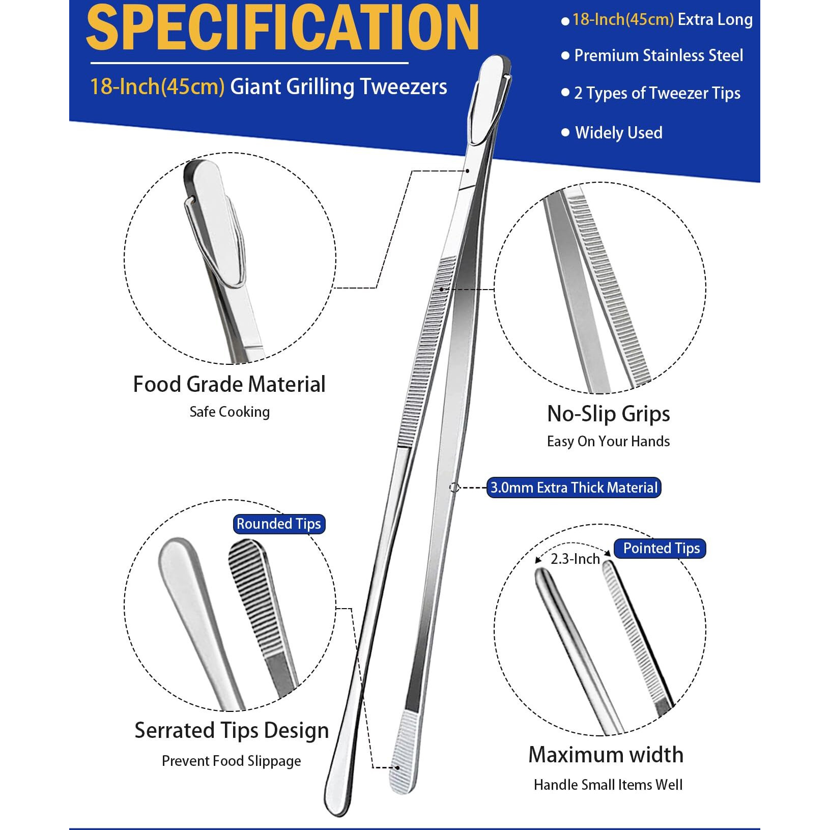 Jetkong 18 Inch (45Cm) Extra Long Barbecue Tongs  Heavy Duty Giant Tweezer Tongs For Grilling And Bbq  Set Of 2 (Round Tips)