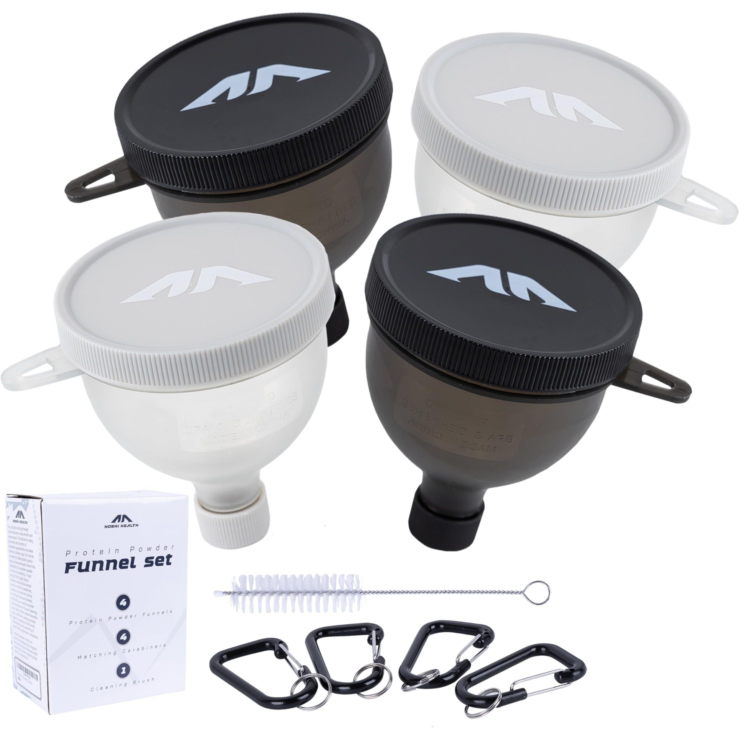 Protein Powder Funnel Set - Sleek Water Bottle Funnel For Powder Supplement With Cleaning Brush & Carabiners - No-Mess  Portable Protein Powder Container To Go For Workout  Fitness  Travel - 4 Pack