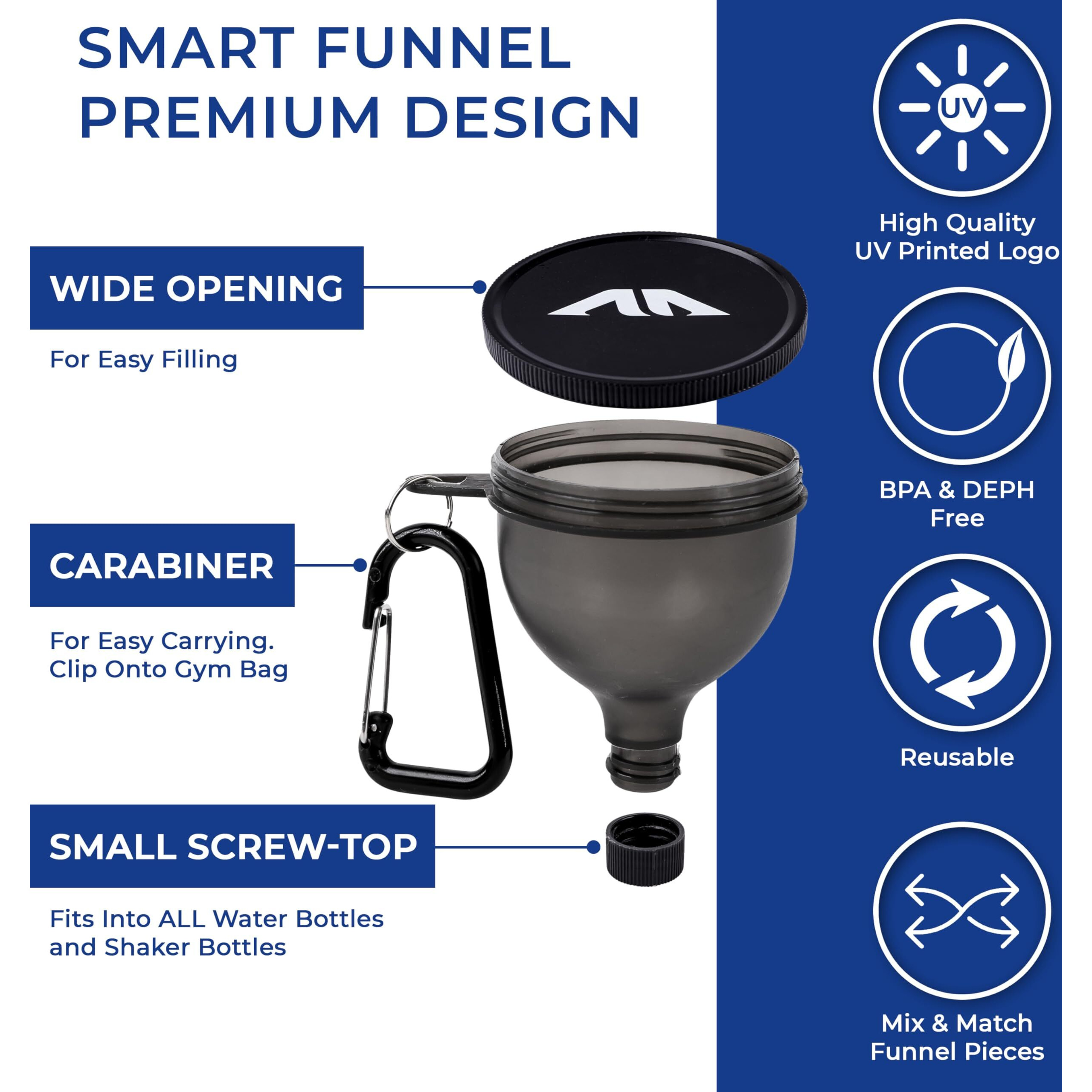 Protein Powder Funnel Set - Sleek Water Bottle Funnel For Powder Supplement With Cleaning Brush & Carabiners - No-Mess  Portable Protein Powder Container To Go For Workout  Fitness  Travel - 4 Pack