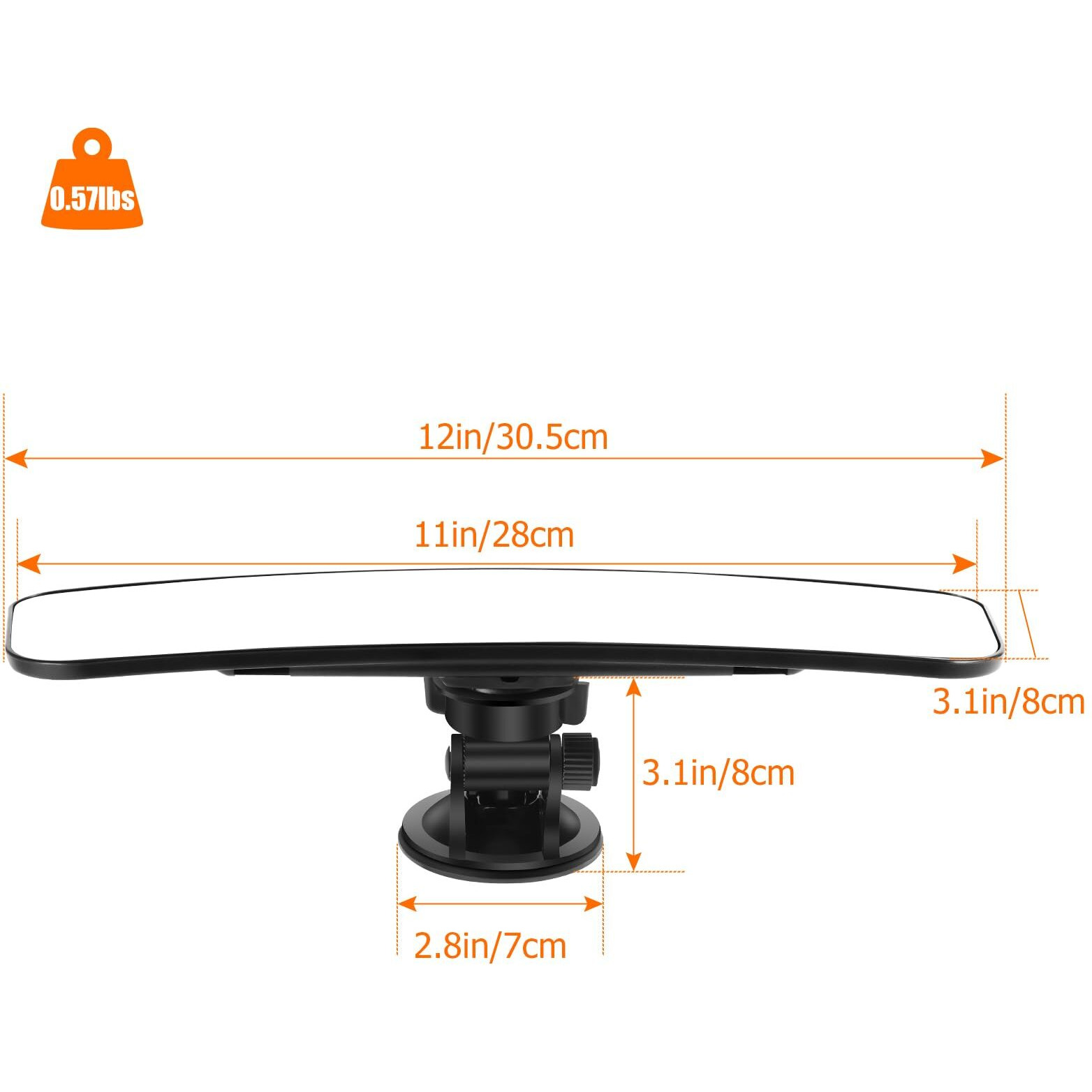 12'' Large Rear View Mirror With Suction Cup  Stick On Universal Frameless Inside Rearview Blue Mirror With Parabolic Wide Angle Mounted On Windshield For Car Marine Auto Boat Truck Suv Van (White)