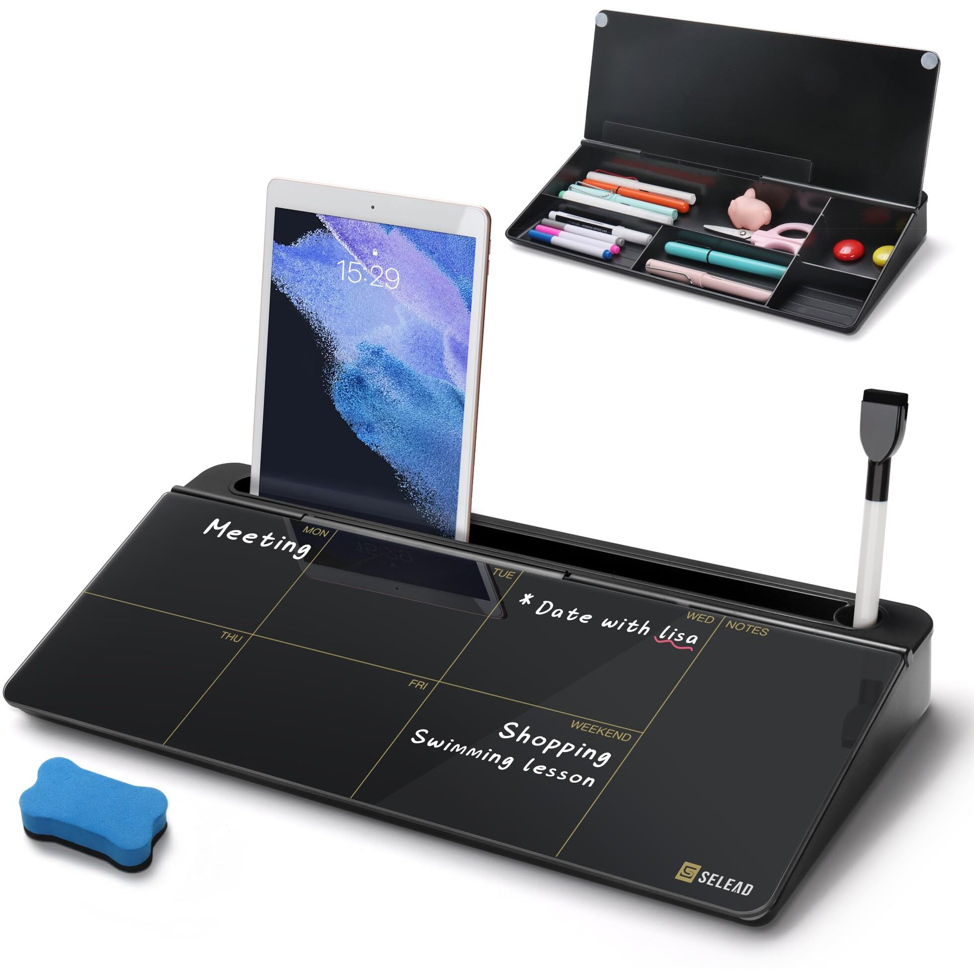 Selead Desktop Glass Whiteboard Weekly Planner Calendar With Organizer  Markers  Eraser  Holder - Small Dry Erase White Board Todo List Memo For Home  School  Office Desk Accessories - Black