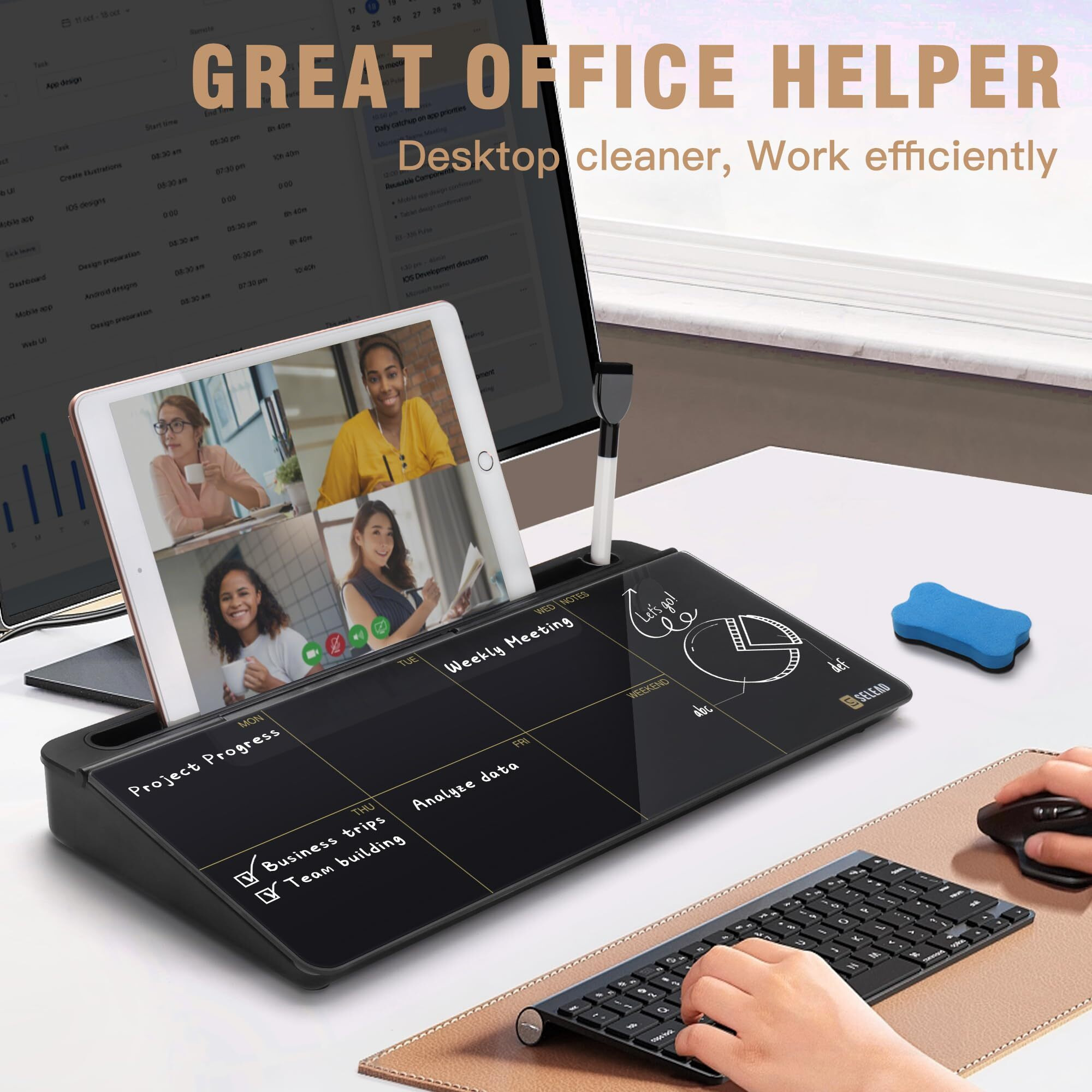 Selead Desktop Glass Whiteboard Weekly Planner Calendar With Organizer  Markers  Eraser  Holder - Small Dry Erase White Board Todo List Memo For Home  School  Office Desk Accessories - Black